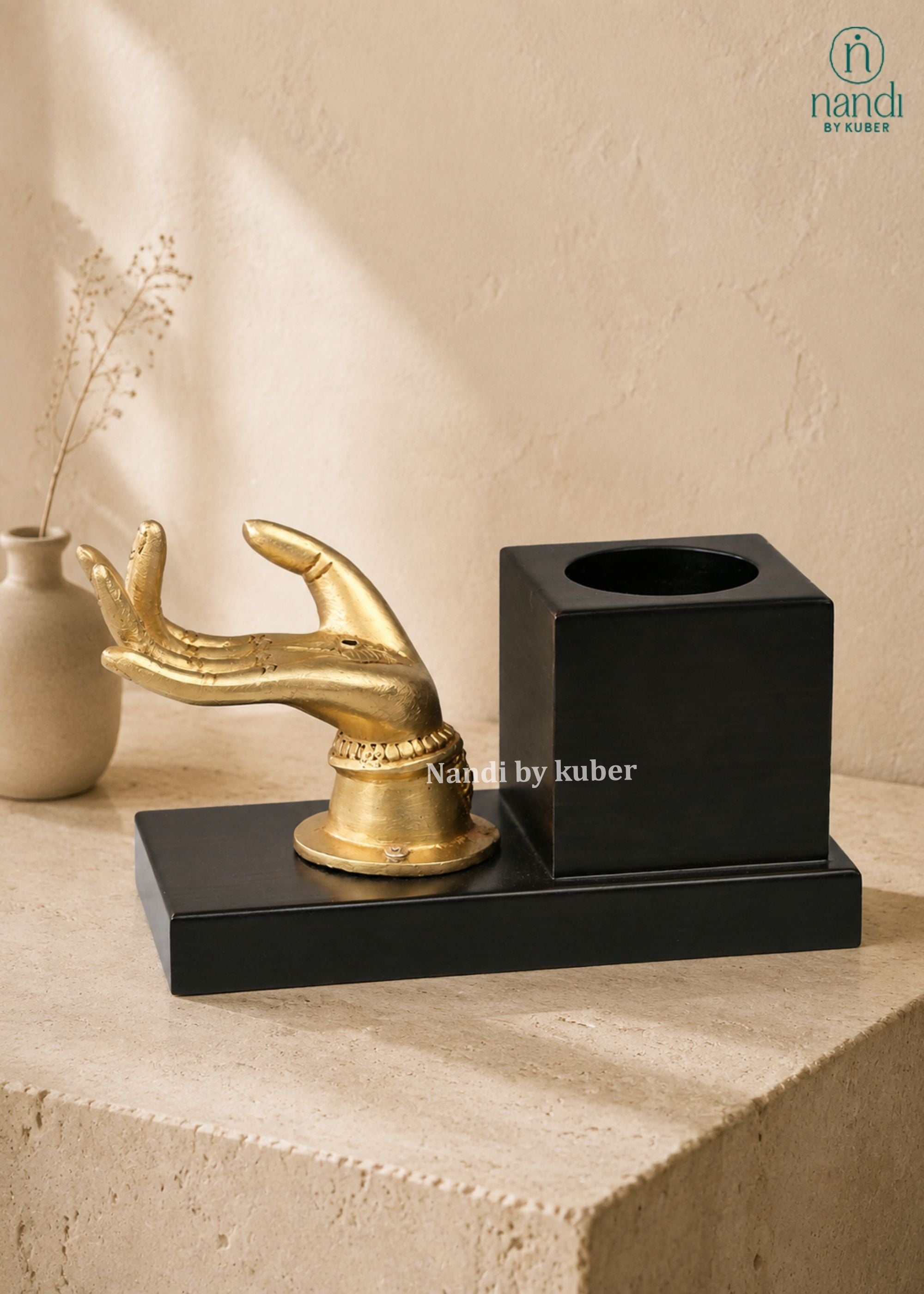 Brass Visiting Card Holder with Wooden Pen Stand - additional view