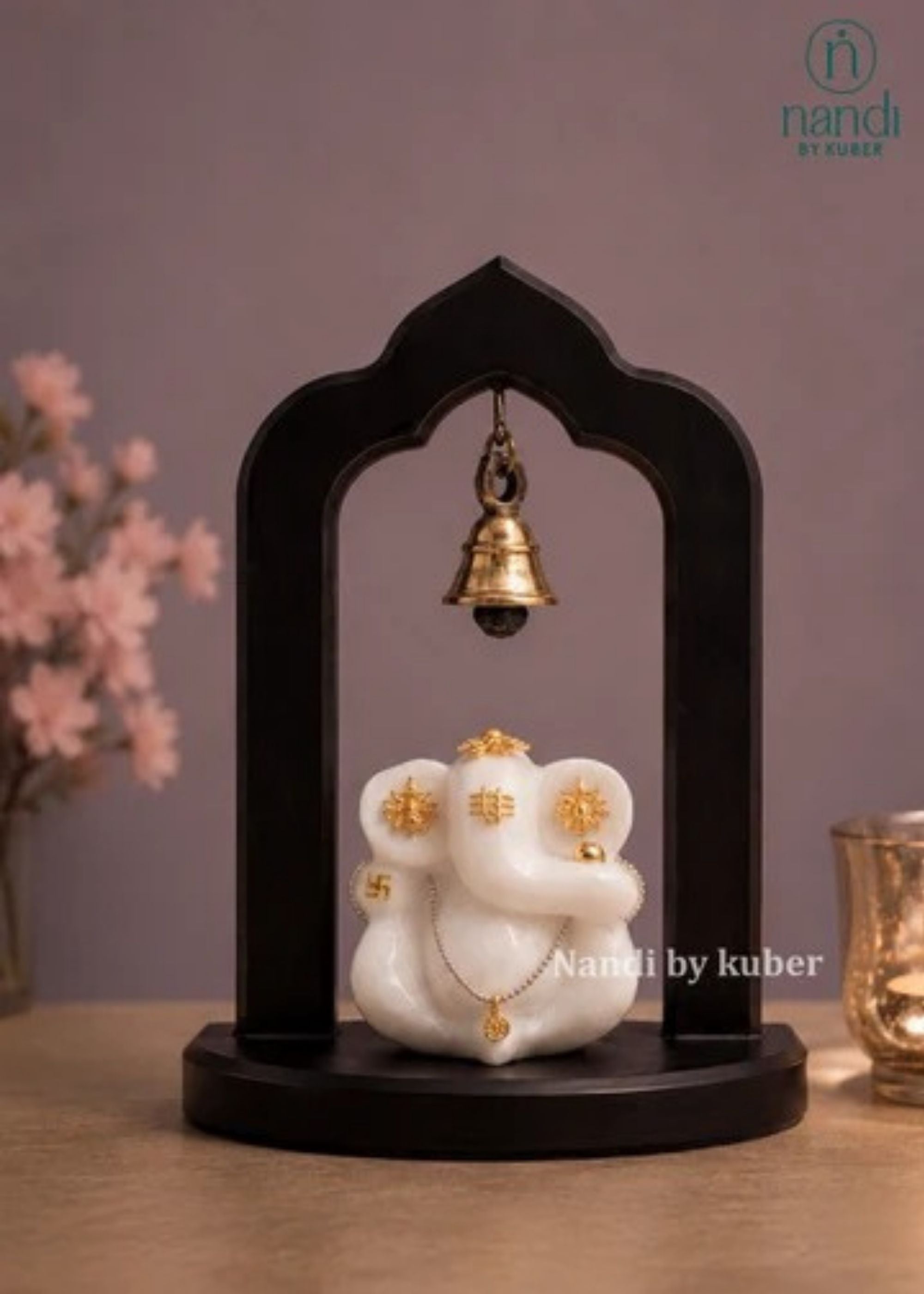 Marble Ganesha Wooden Frame with Bell