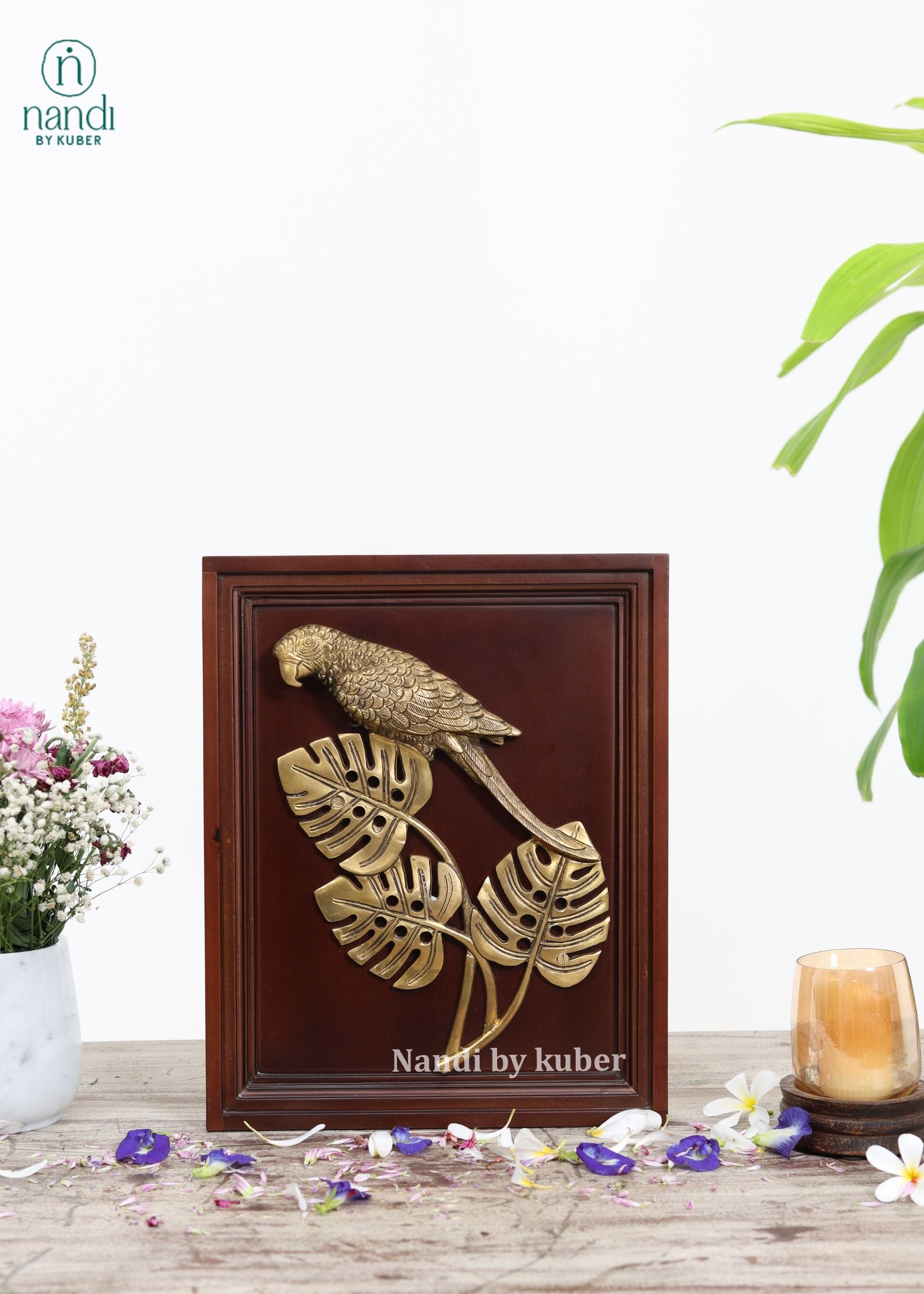 Brass Parrot with Leaves Wooden Frame - detail view