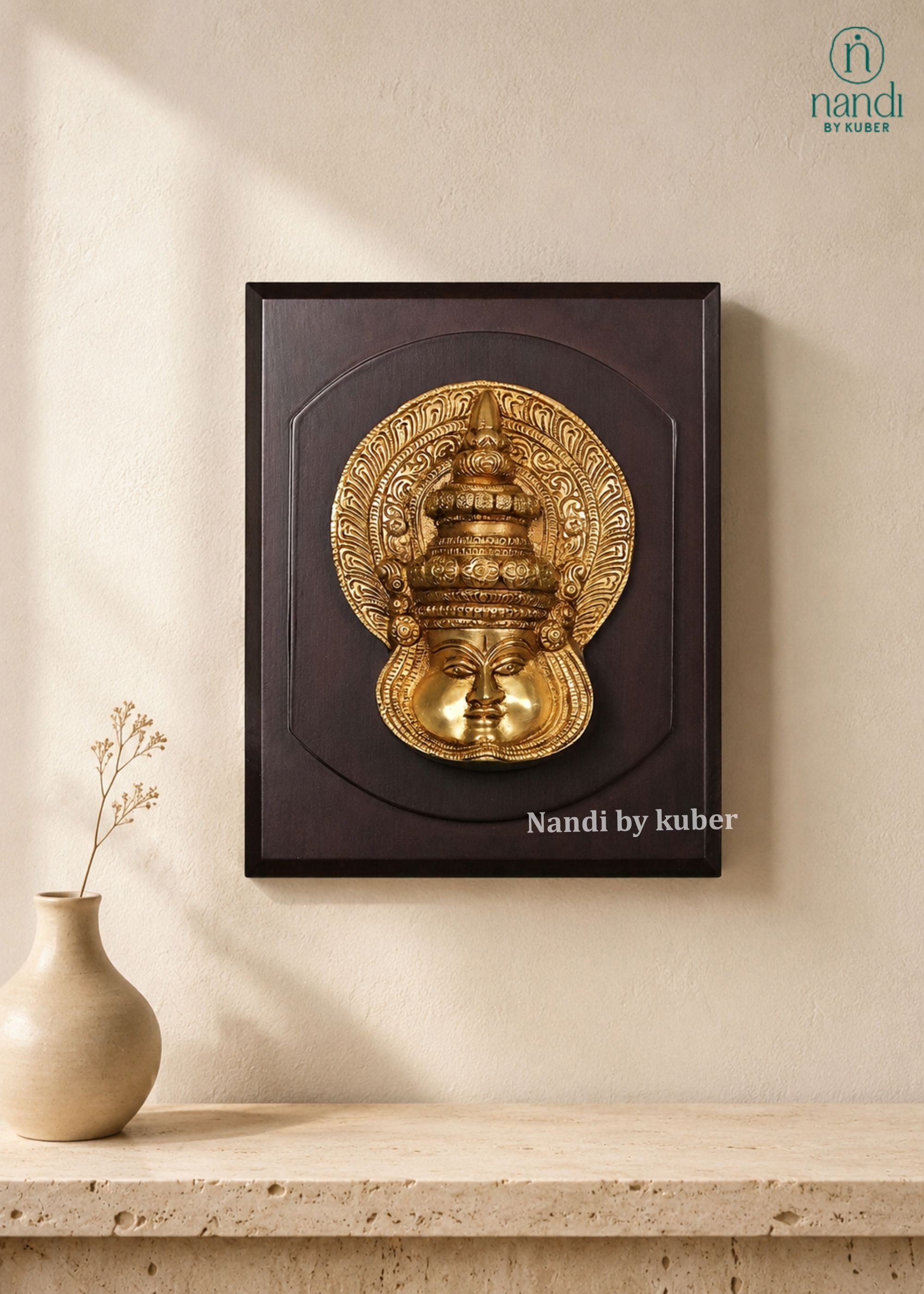 Brass Kathak Kali Mask With Wooden Frame - front view