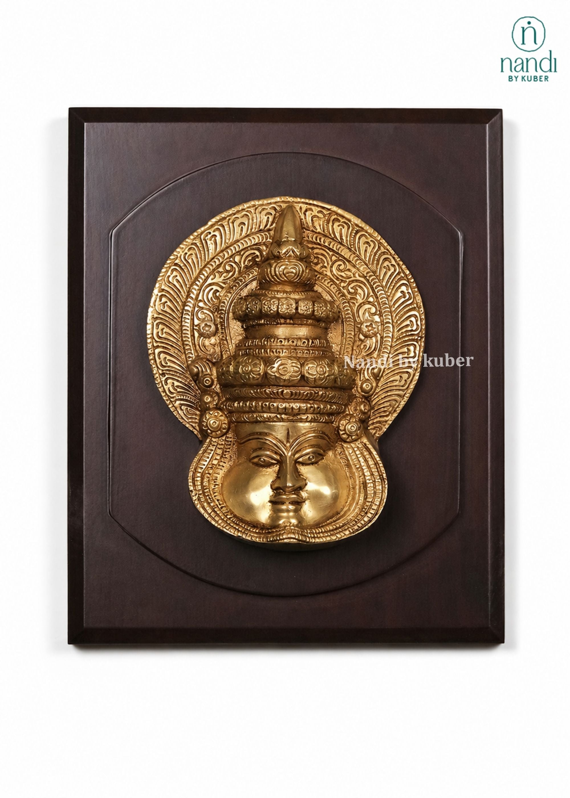 Brass Kathak Kali Mask With Wooden Frame - side view