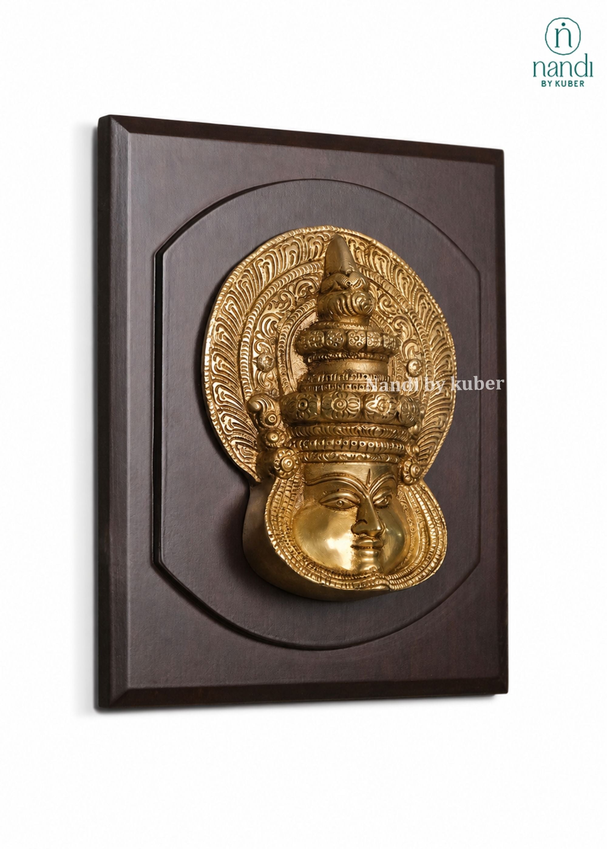 Brass Kathak Kali Mask With Wooden Frame - detail view