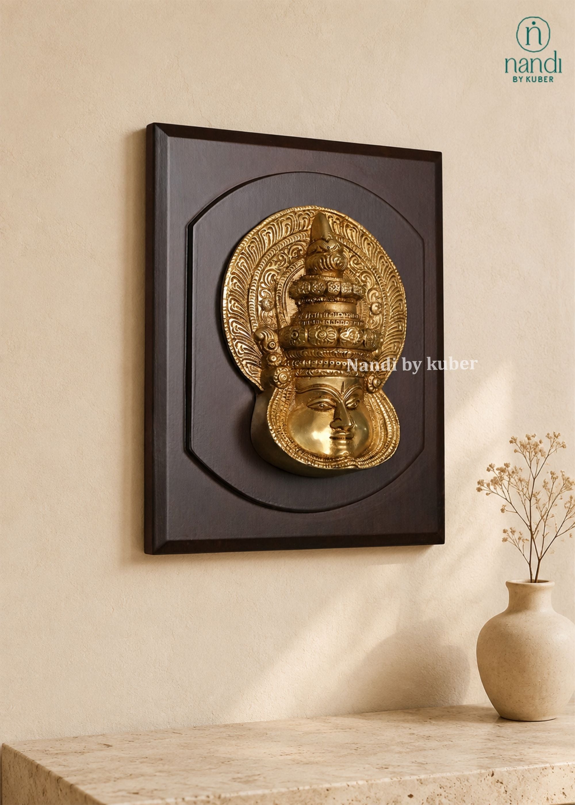 Brass Kathak Kali Mask With Wooden Frame - lifestyle view