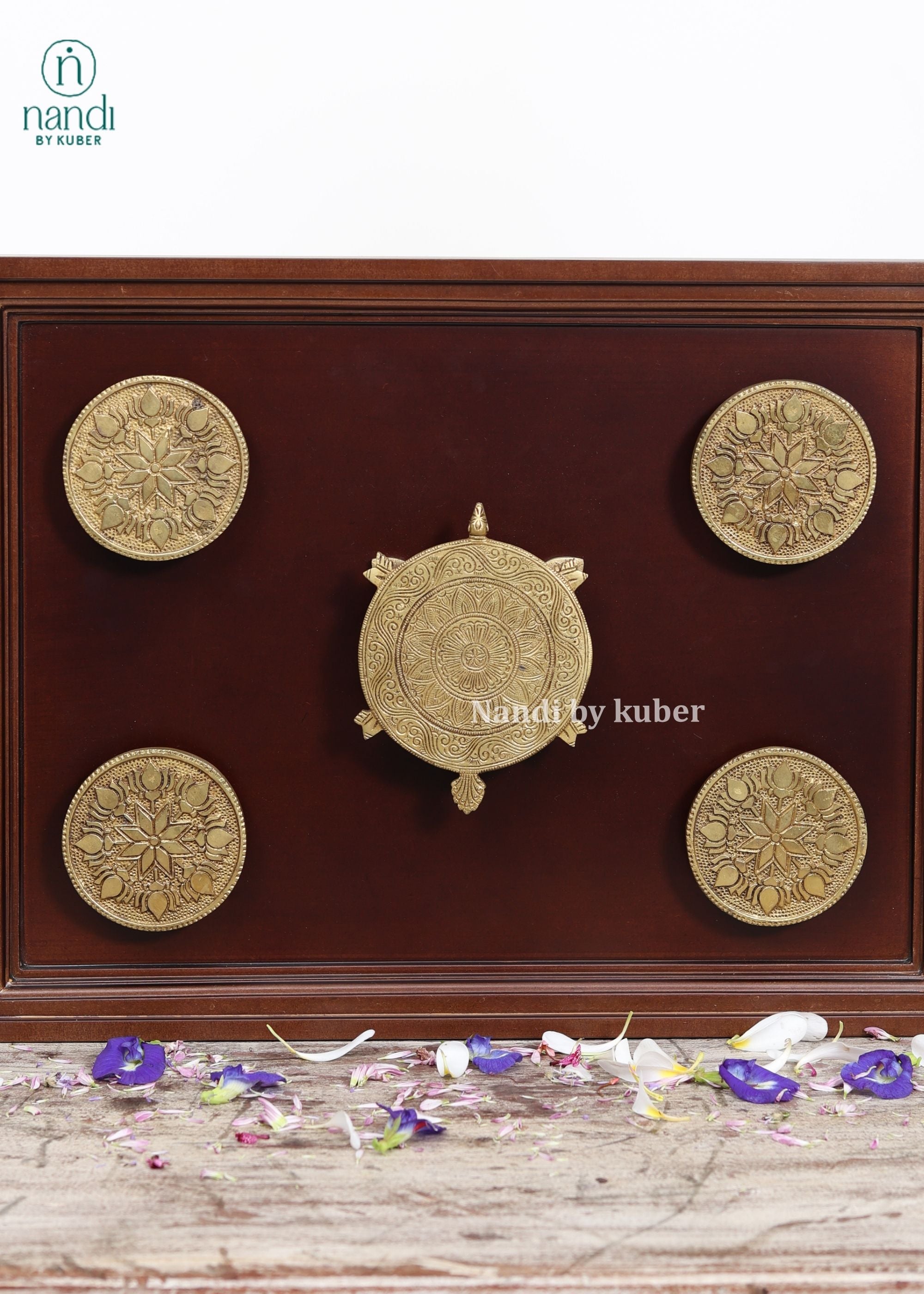 Brass Turtle Décor with Wooden Frame - detail view
