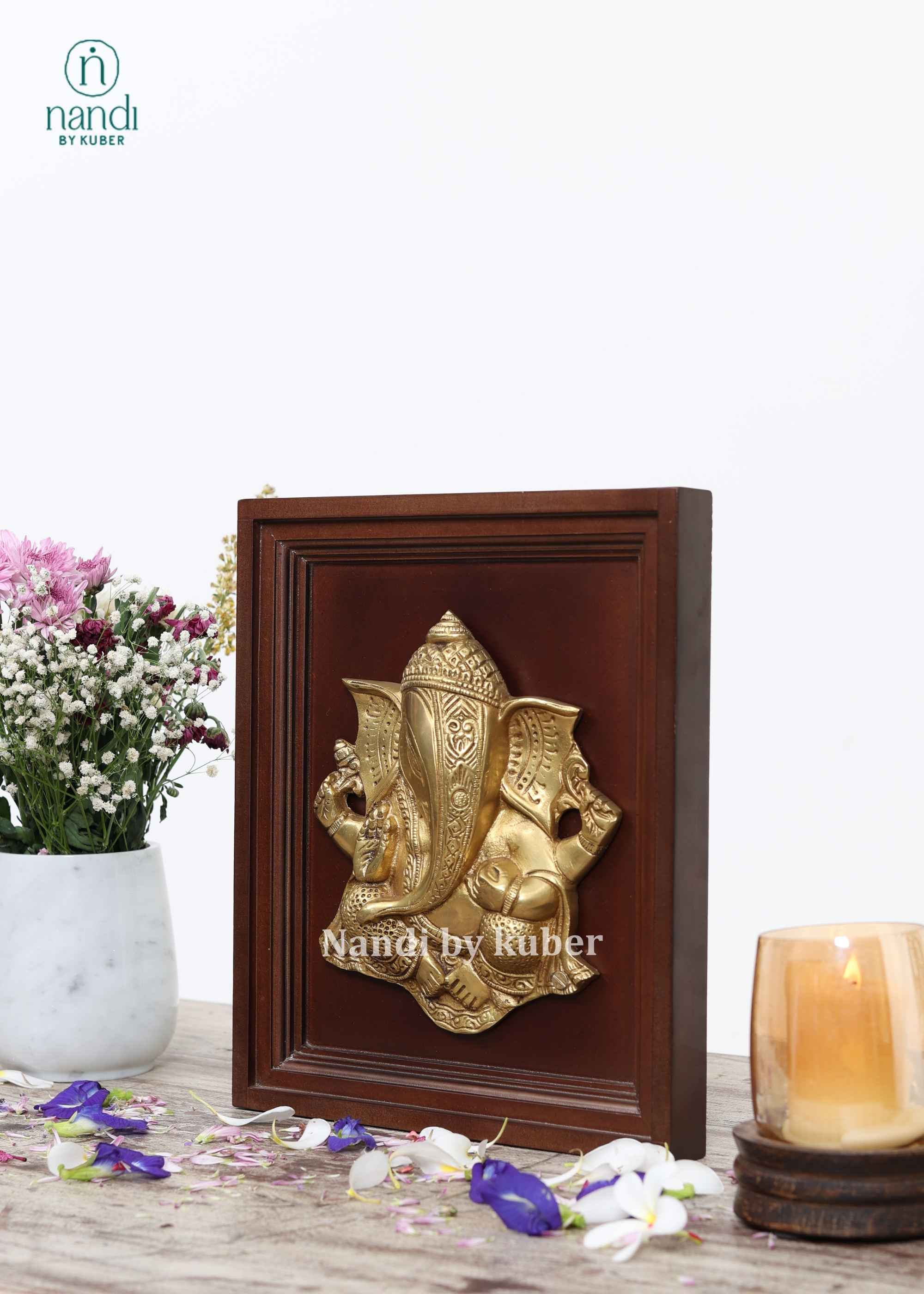 Brass Ganesha Plate with Wooden Frame - detail view