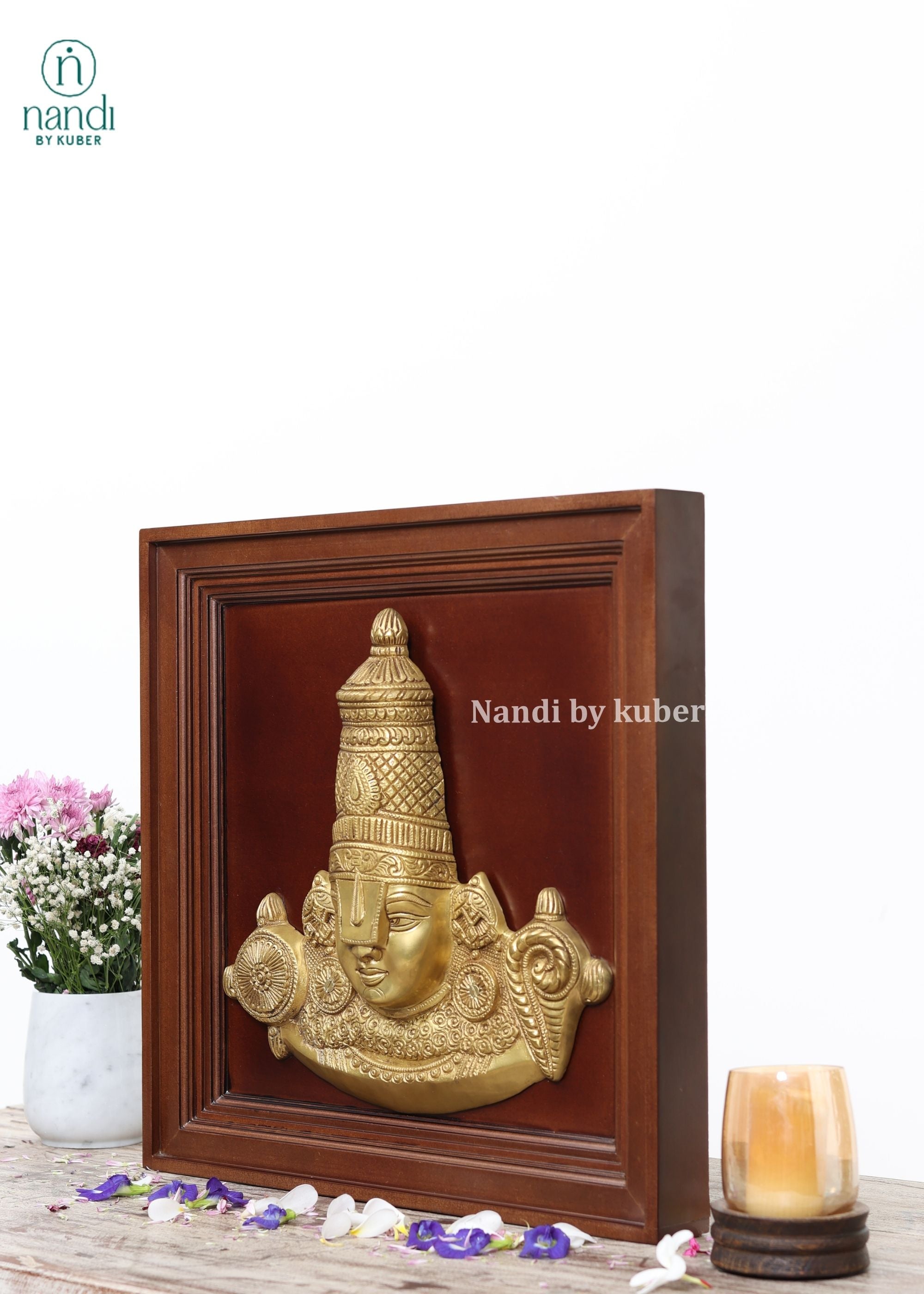 Brass Balaji Bust with Wooden Frame - detail view