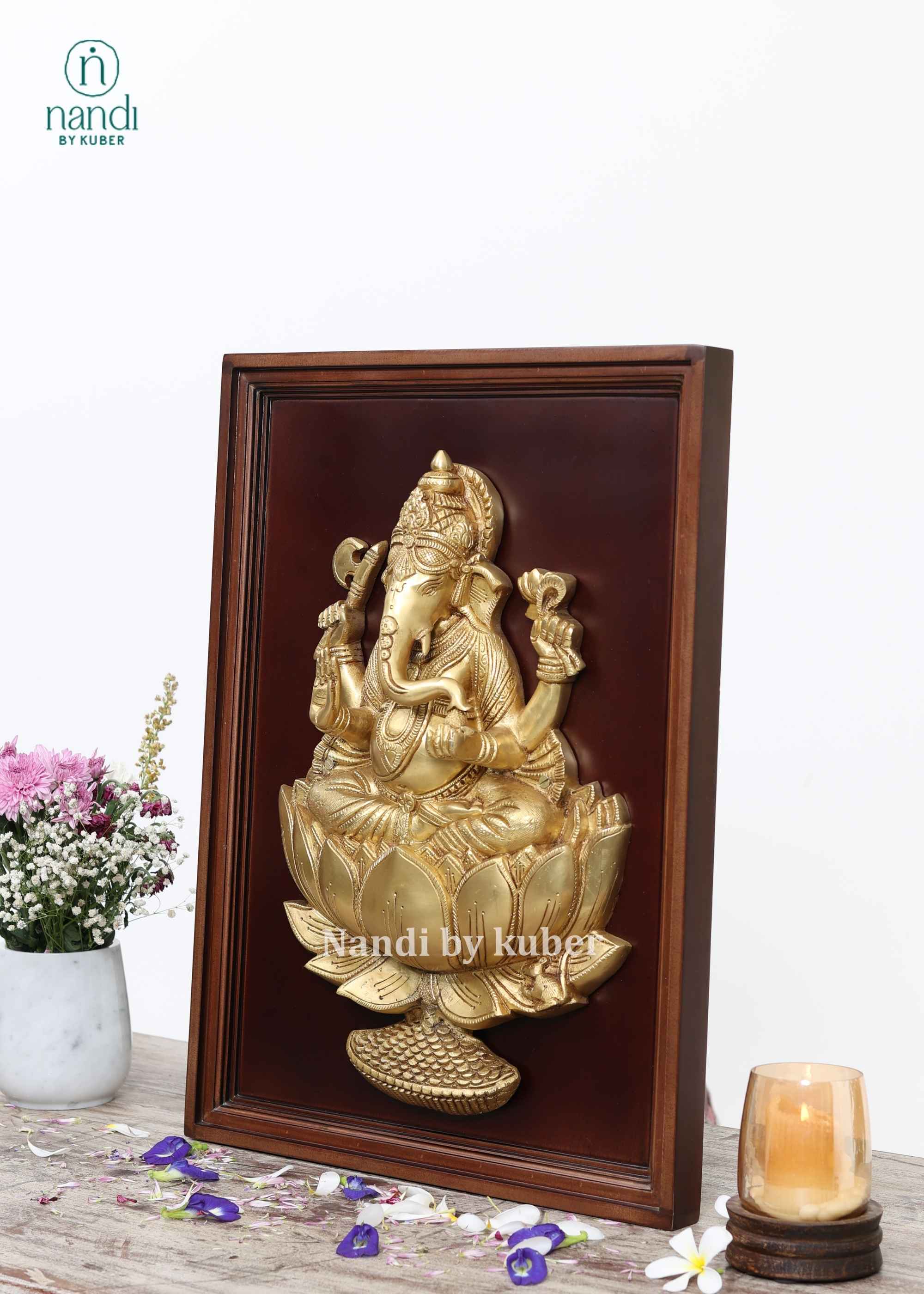 Brass Ganesha With Wooden Frame - detail view