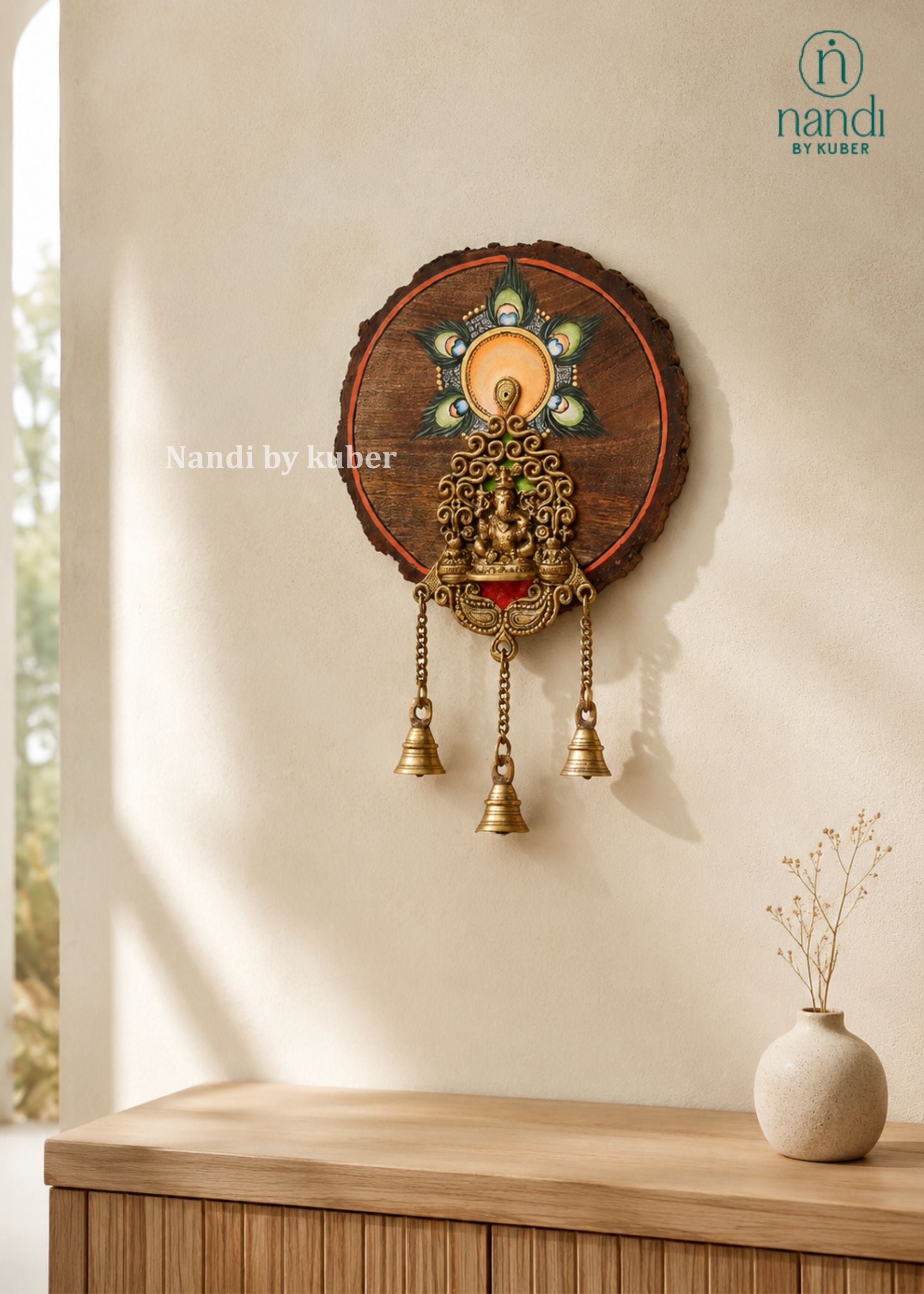 Brass Ganesh Hanging with Wood Round Frame - front view