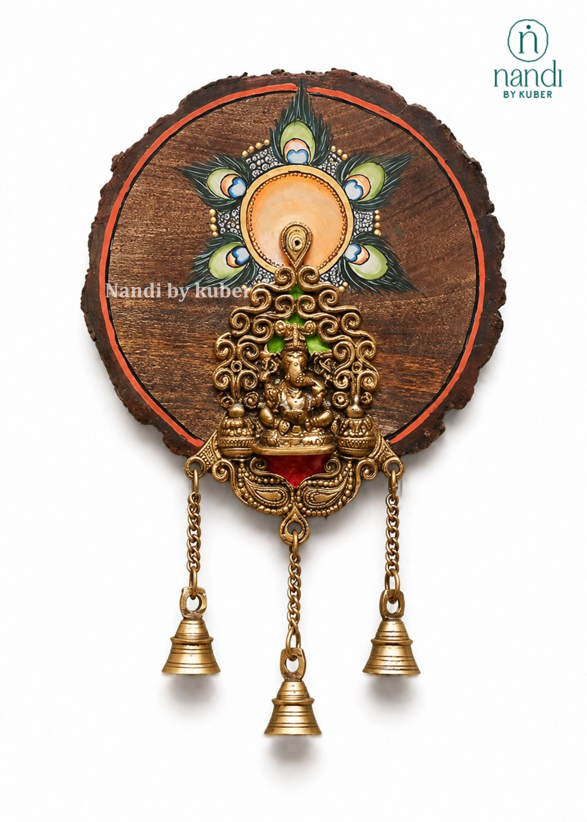 Brass Ganesh Hanging with Wood Round Frame - side view