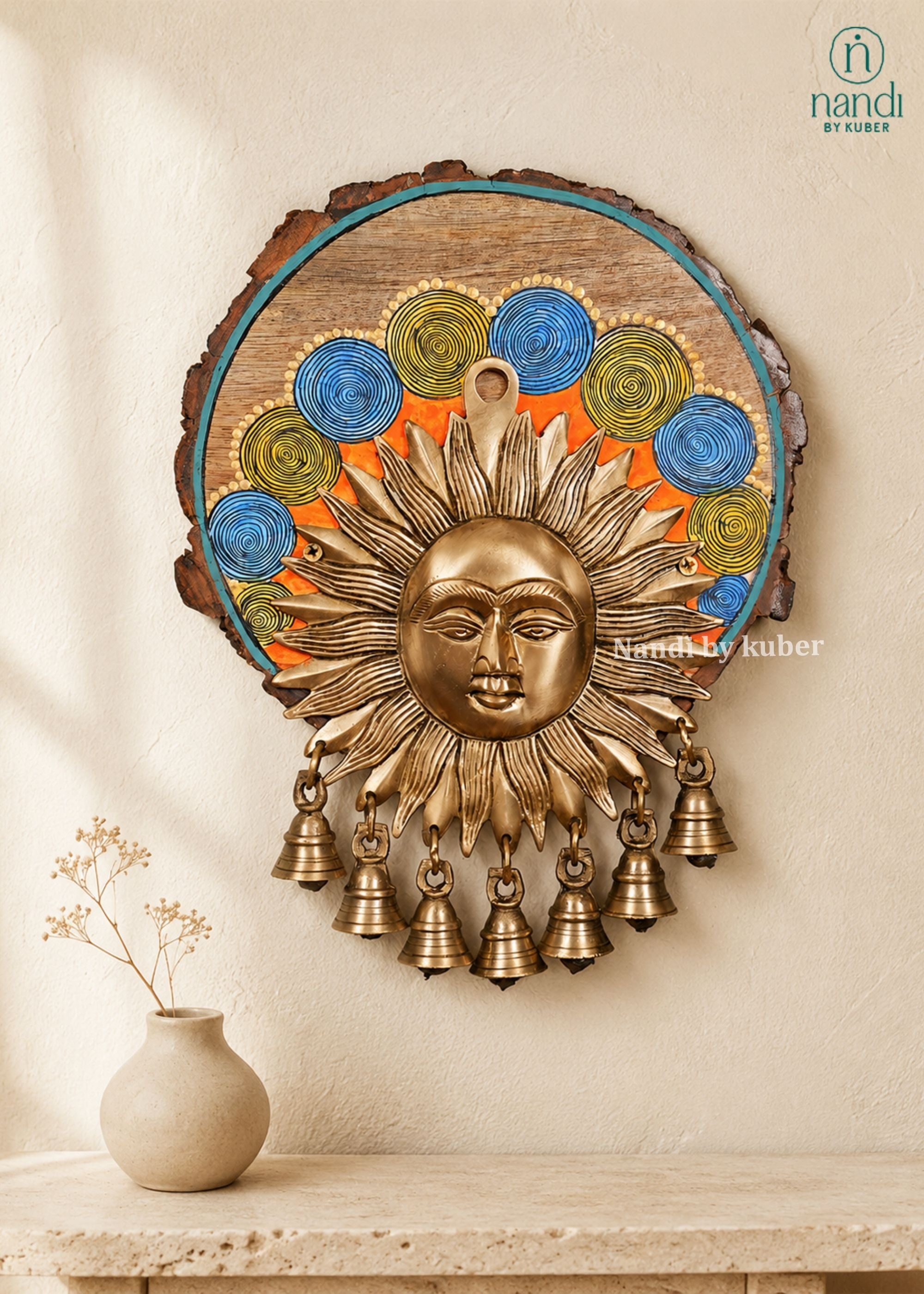 Brass Sun Mask with Bell with Wood Round Frame - front view
