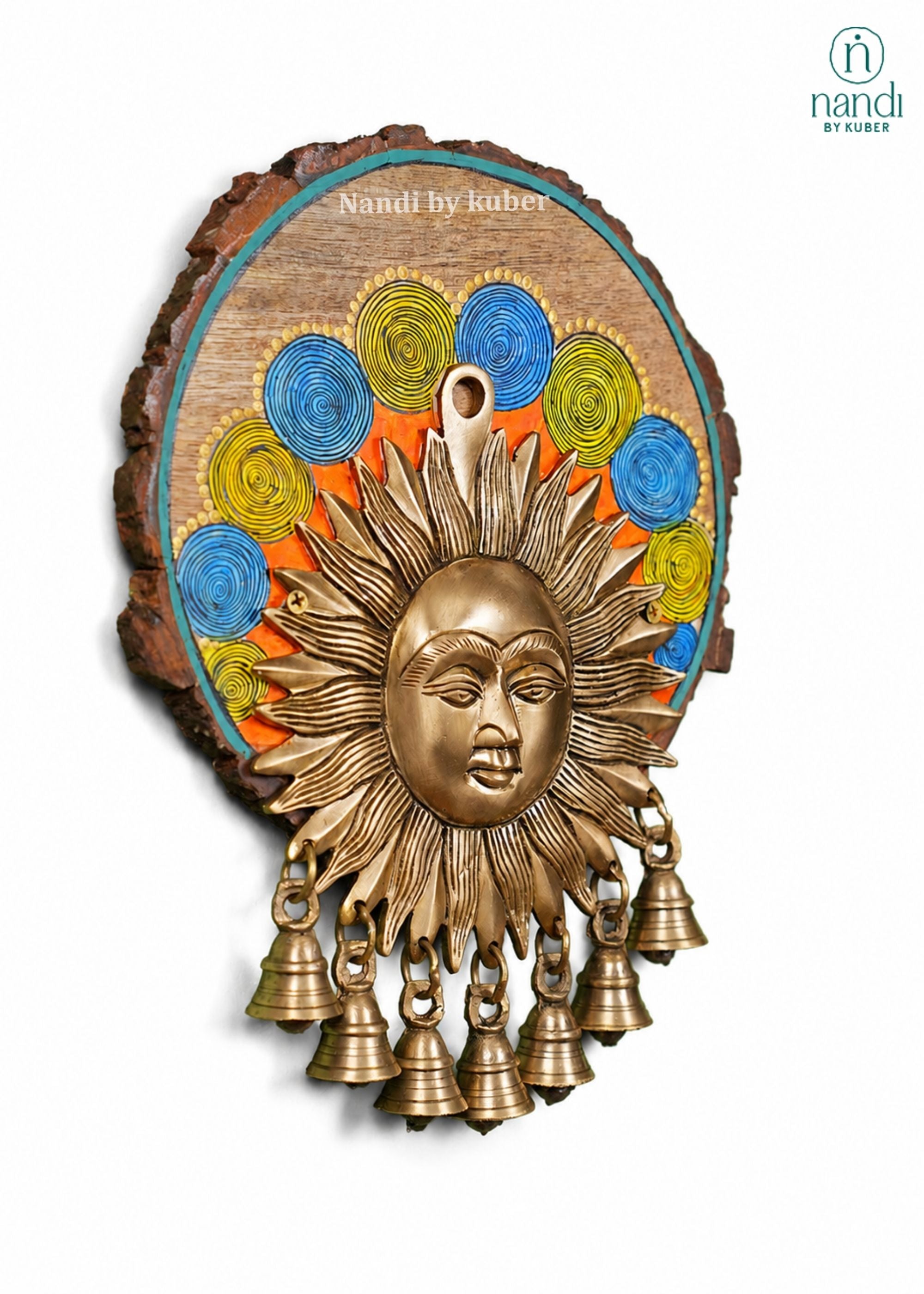 Brass Sun Mask with Bell with Wood Round Frame - side view