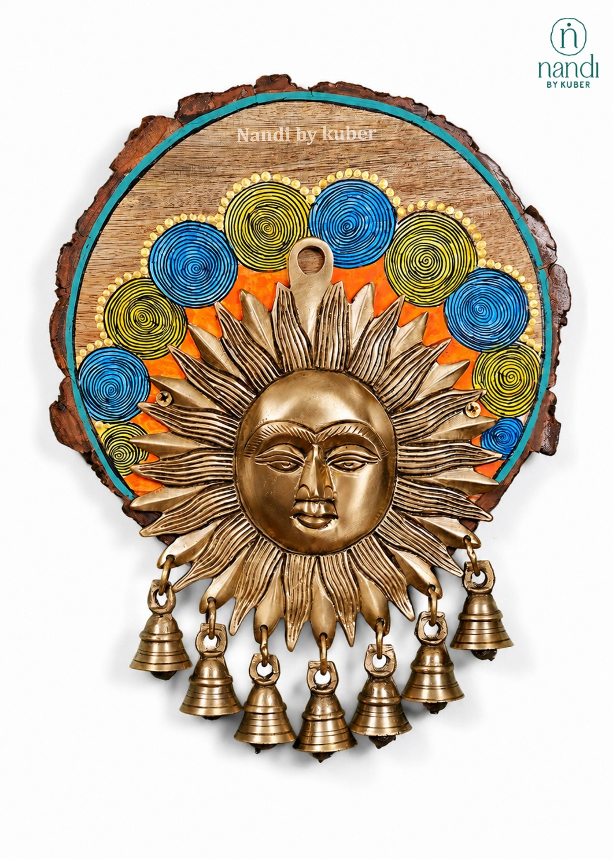 Brass Sun Mask with Bell with Wood Round Frame - detail view