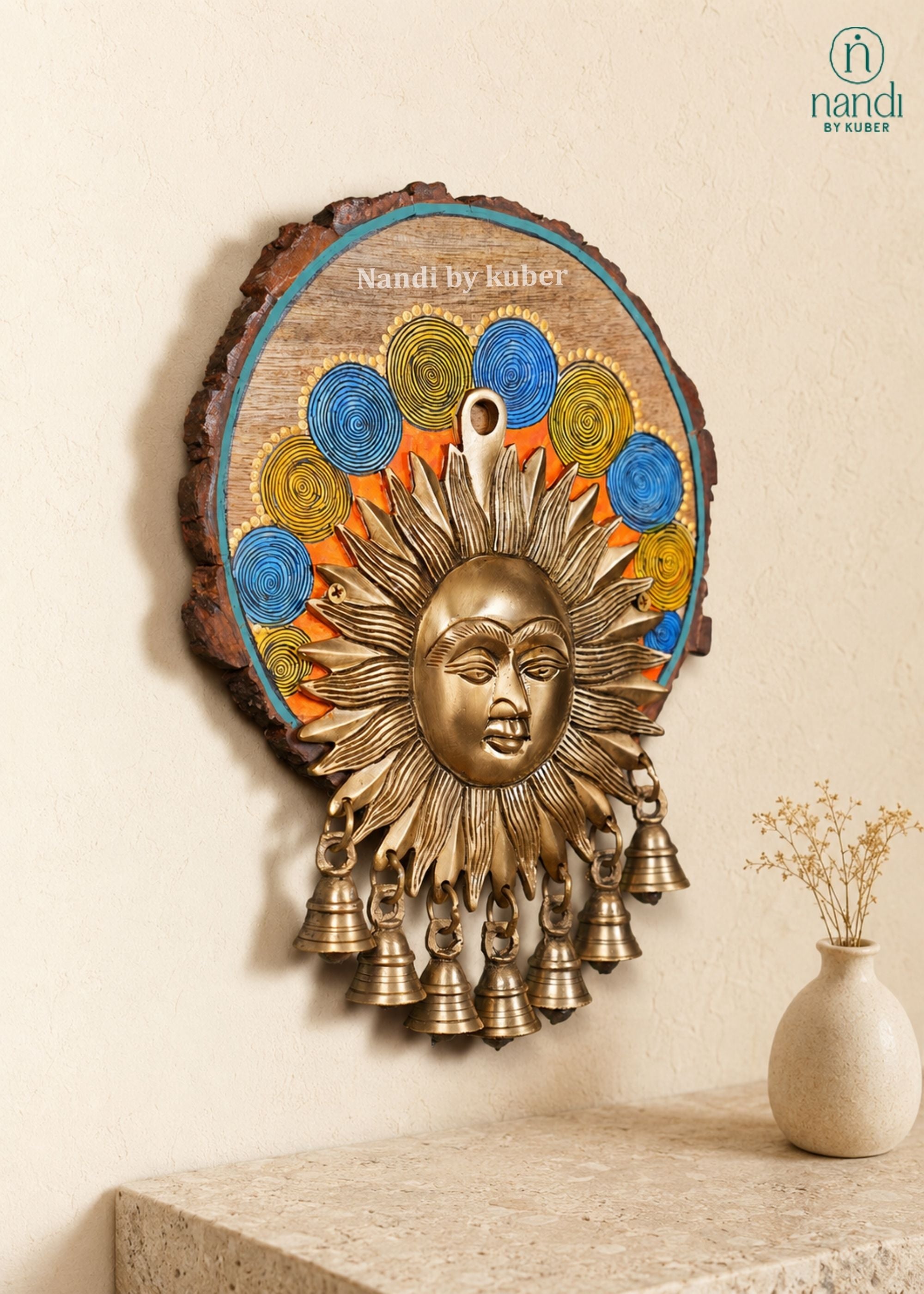 Brass Sun Mask with Bell with Wood Round Frame - lifestyle view