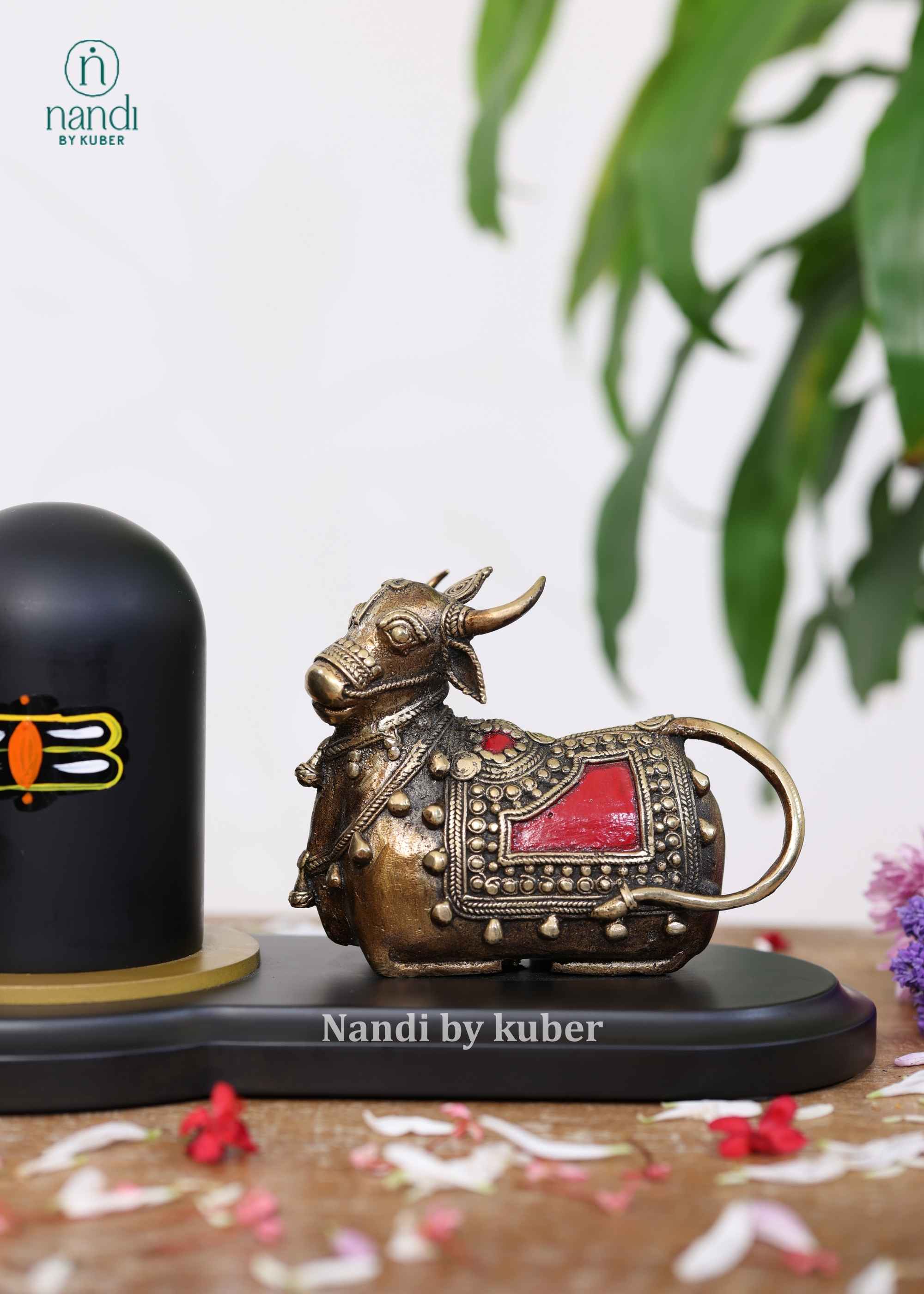 Brass Nandi with Shivling on Base - detail view