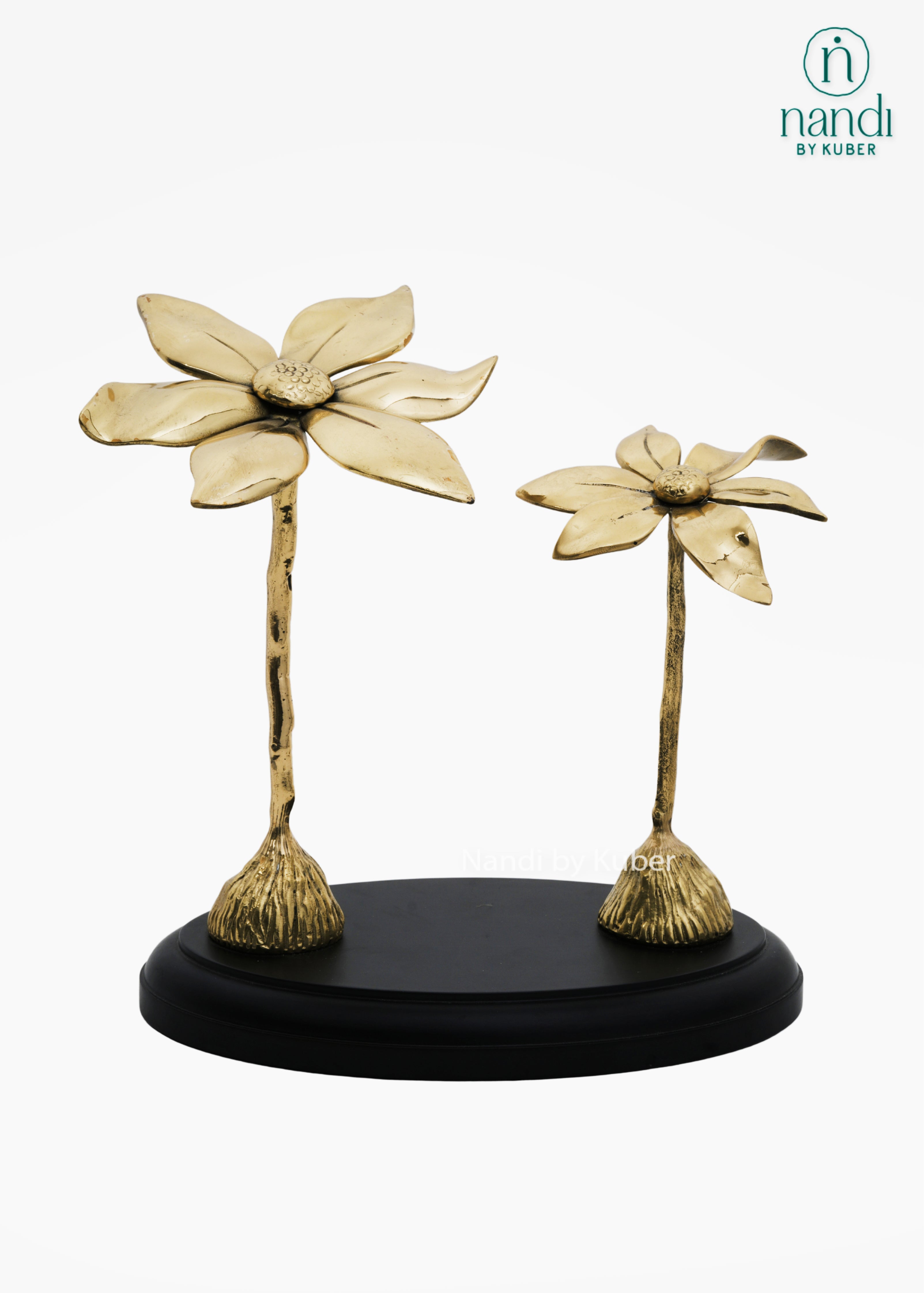 Brass Two Flower with Wood Base