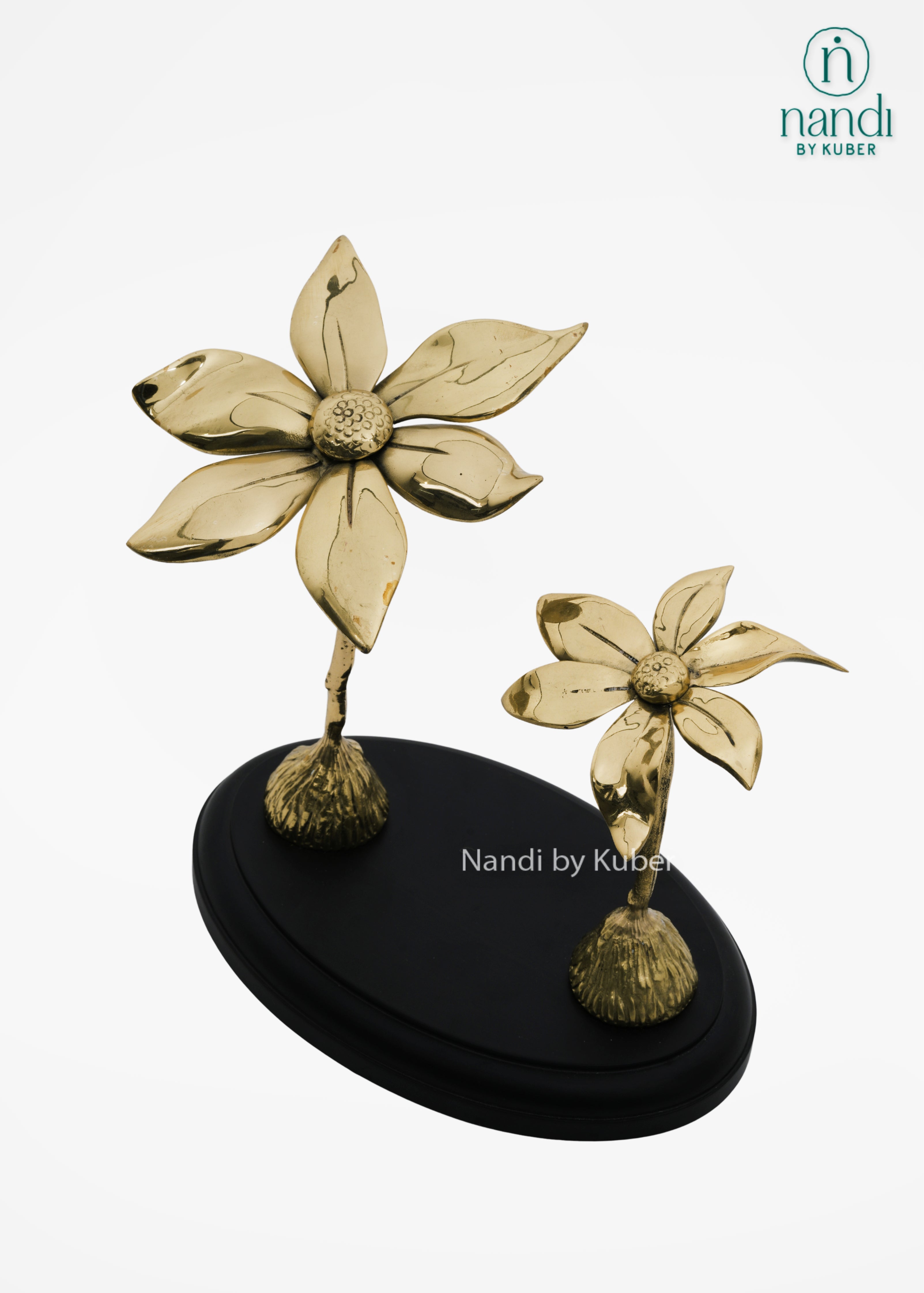 Brass Two Flower with Wood Base