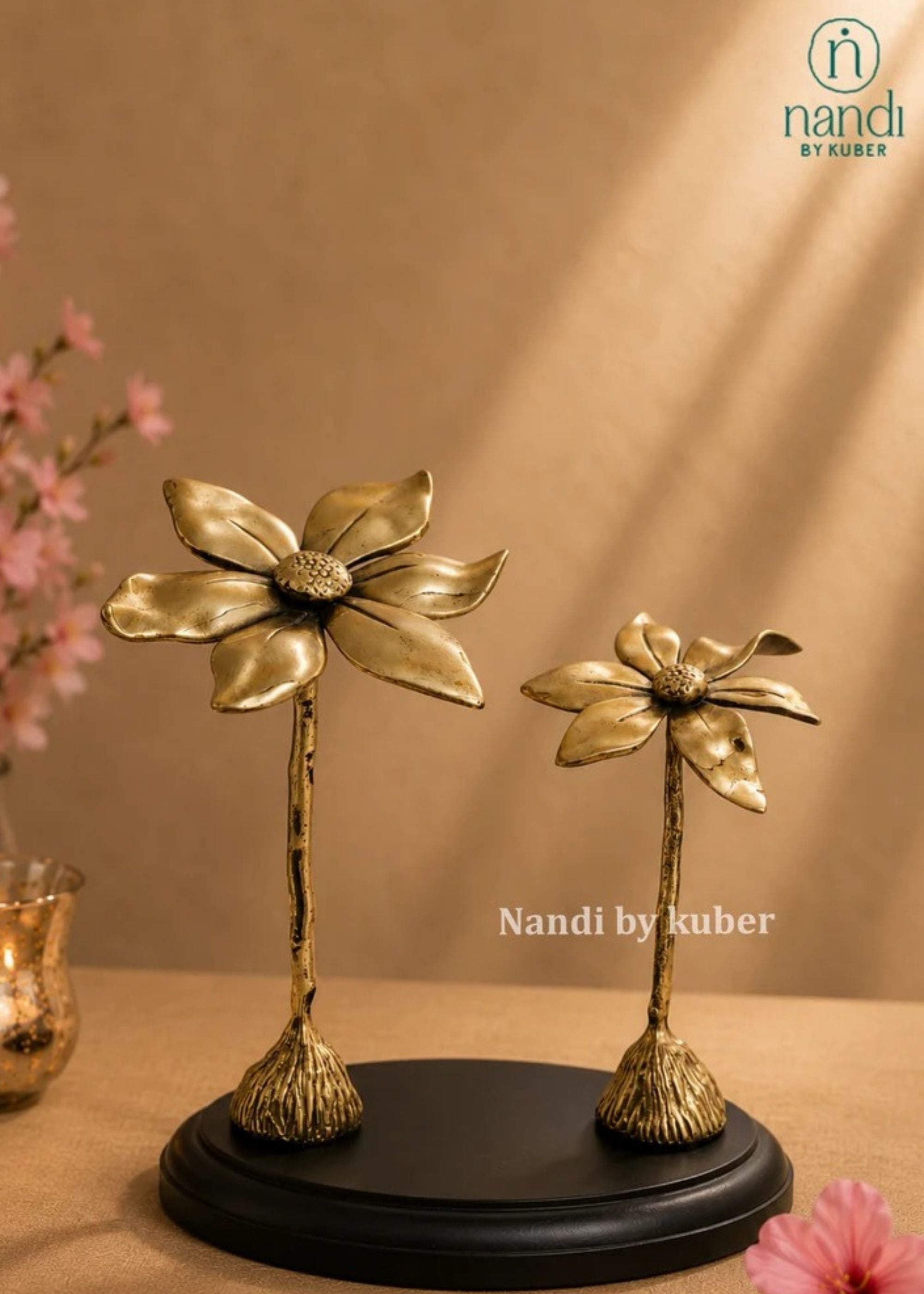 Brass Two Flower with Wood Base