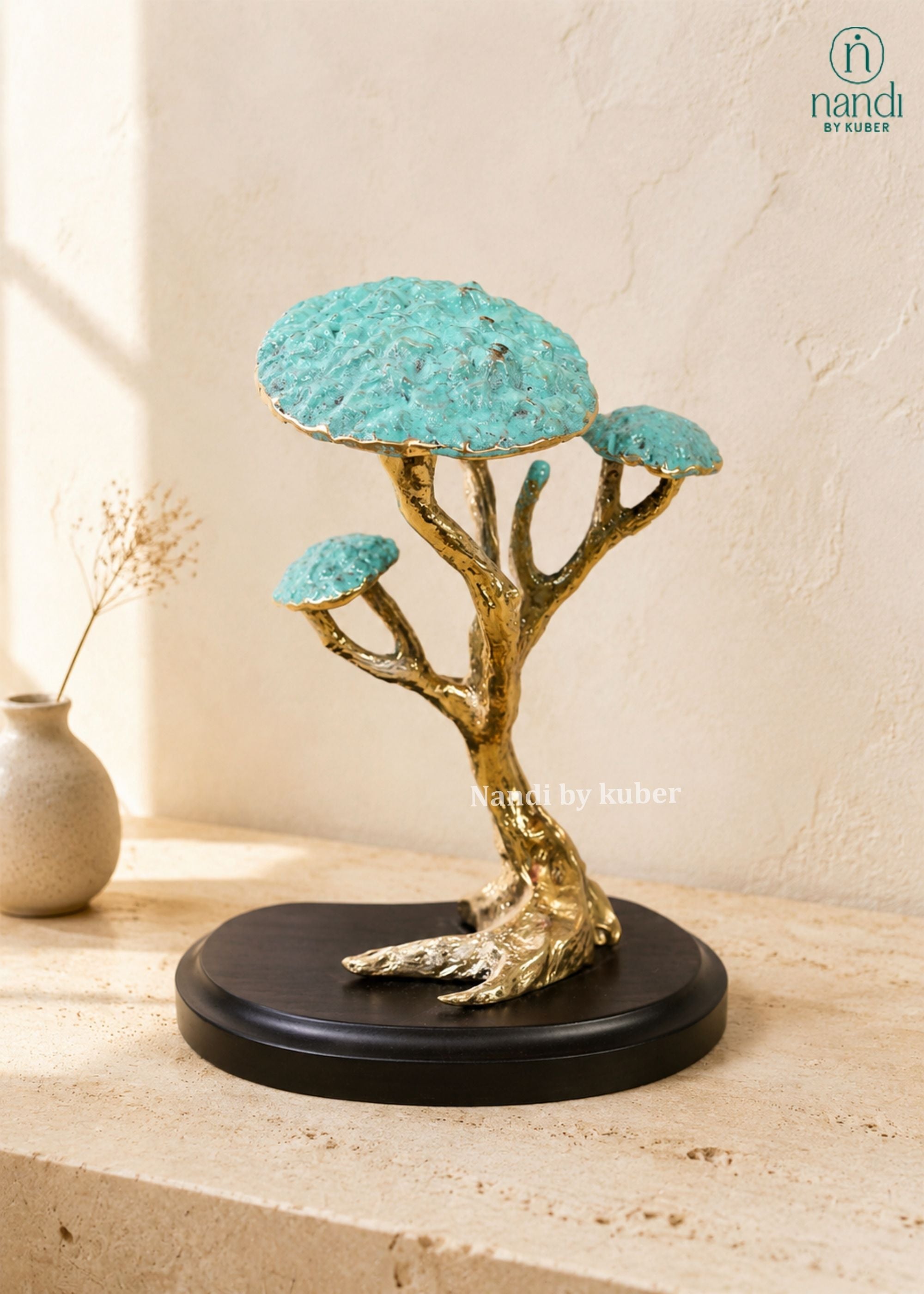 Brass Tree with Wooden base - front view