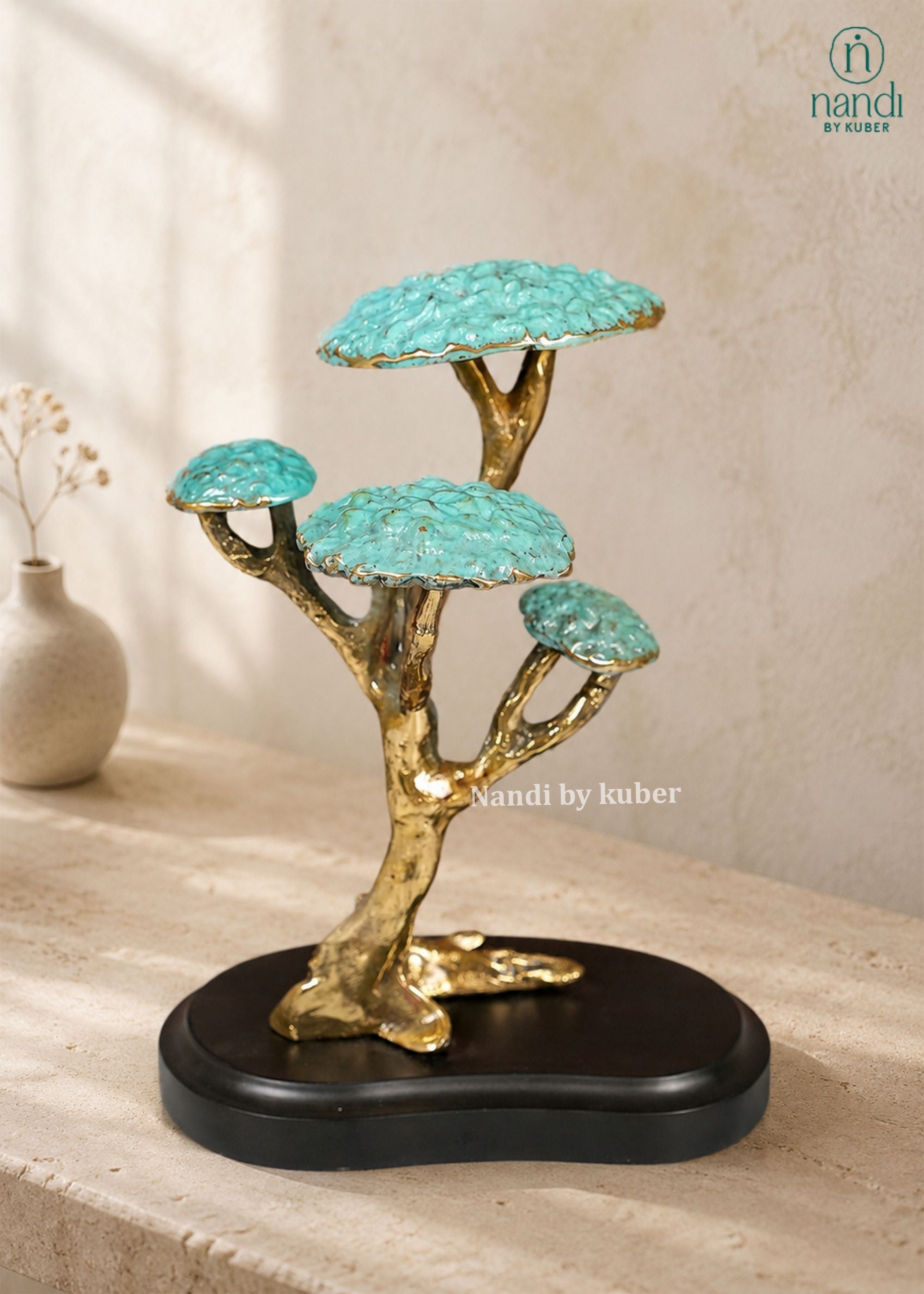 Brass Tree with Wooden base - side view