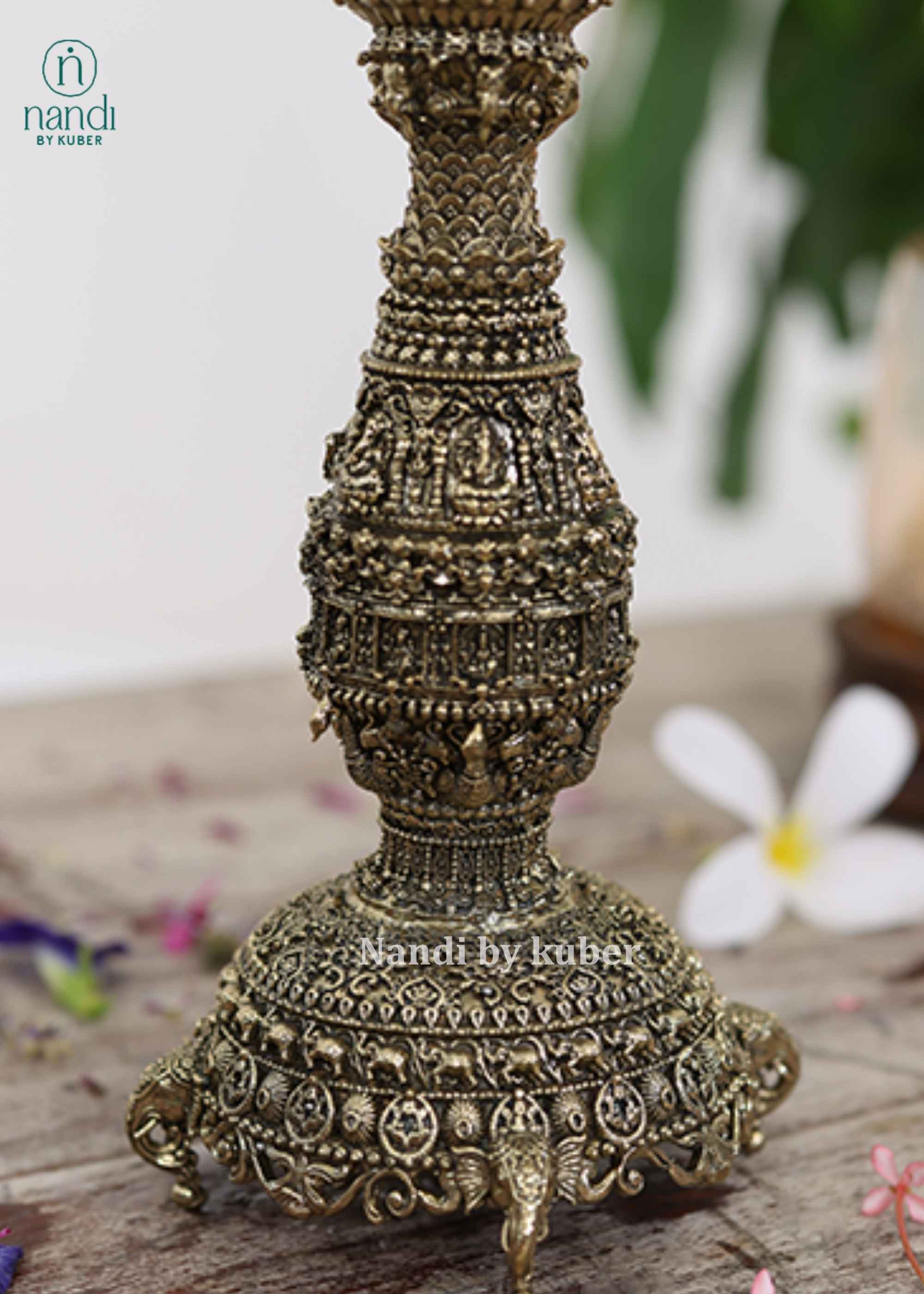 Brass Peacock & Elephant Oil Lamp - front view