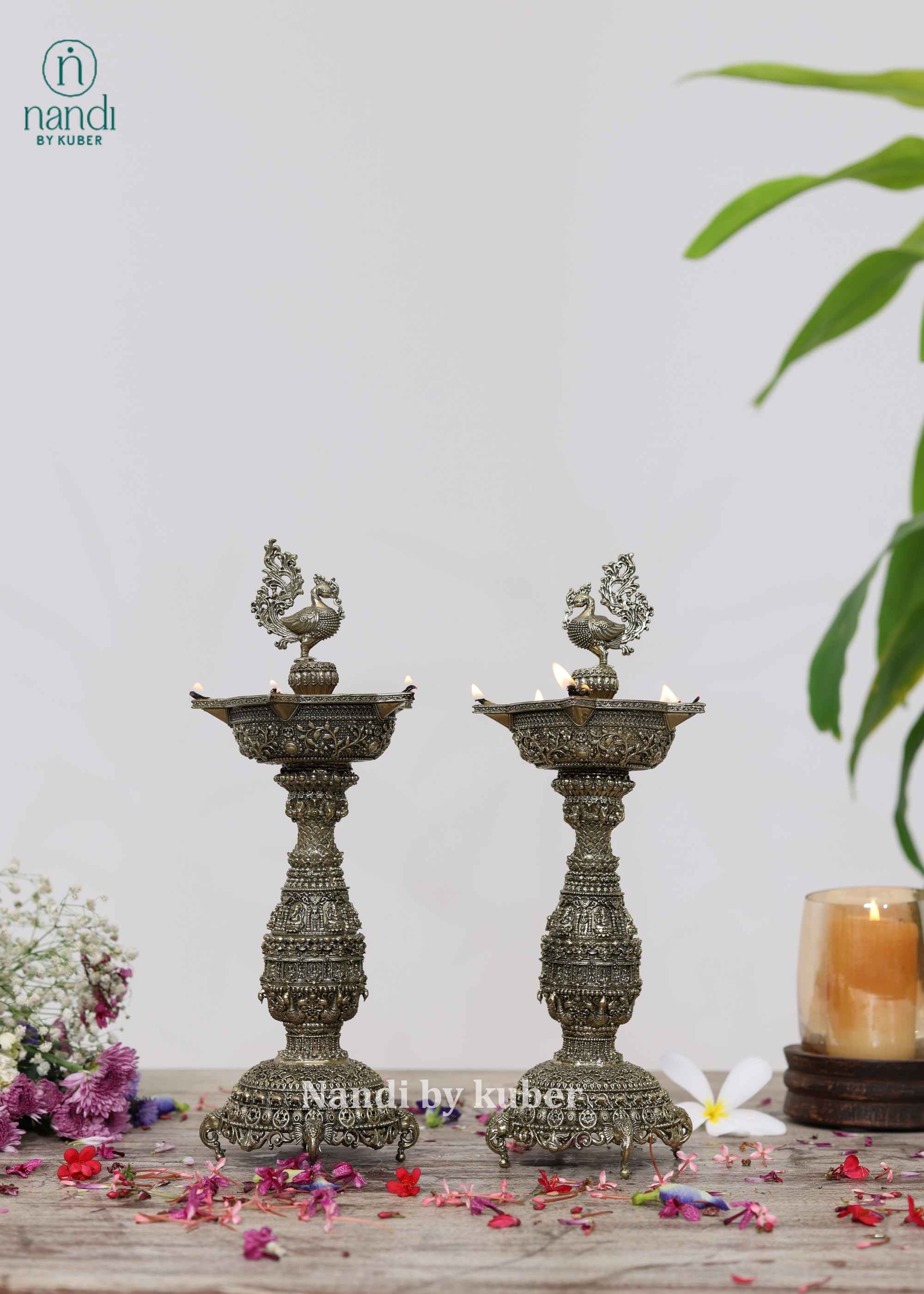Brass Peacock & Elephant Oil Lamp - detail view