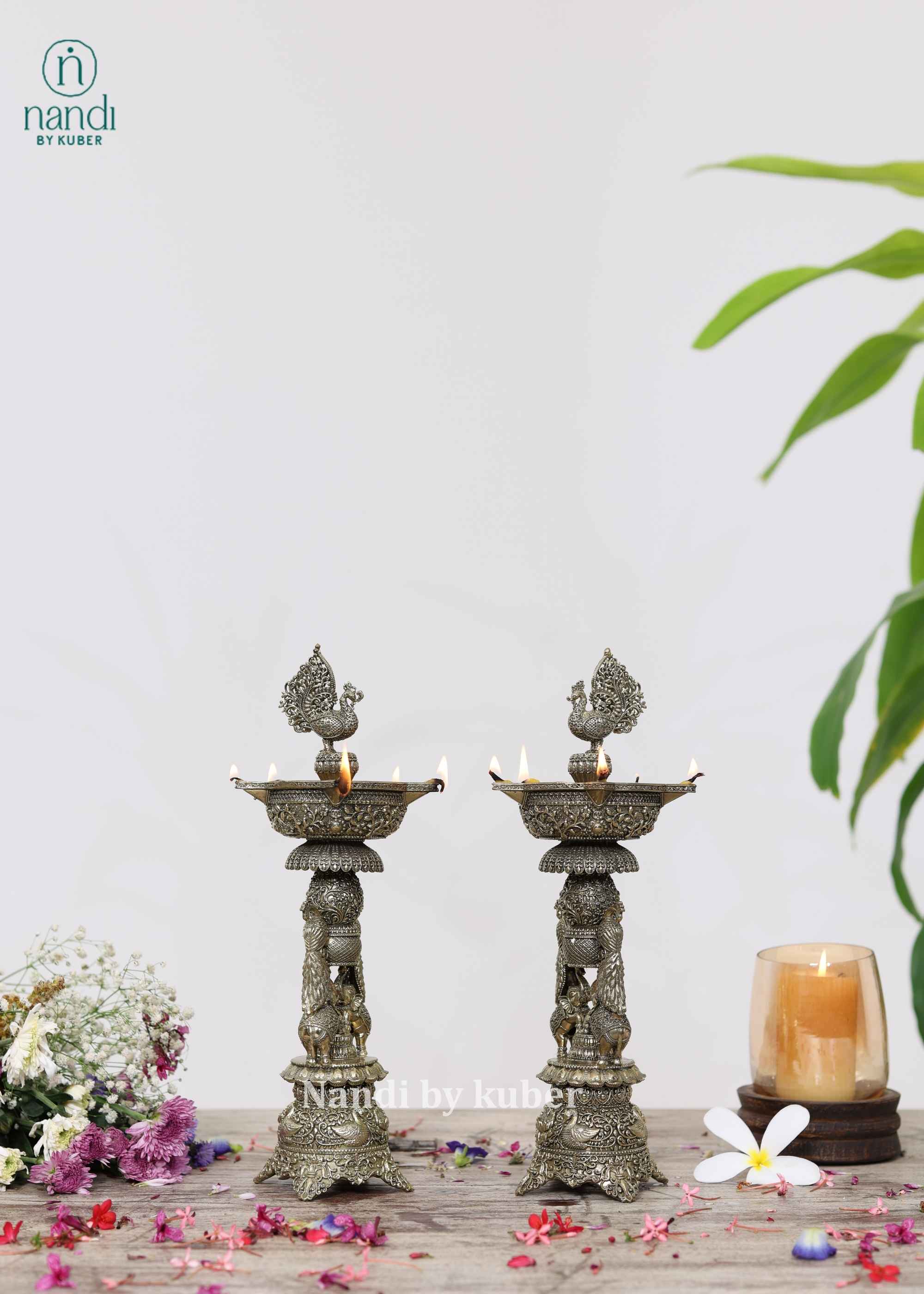 Brass Peacock Oil Lamp - front view
