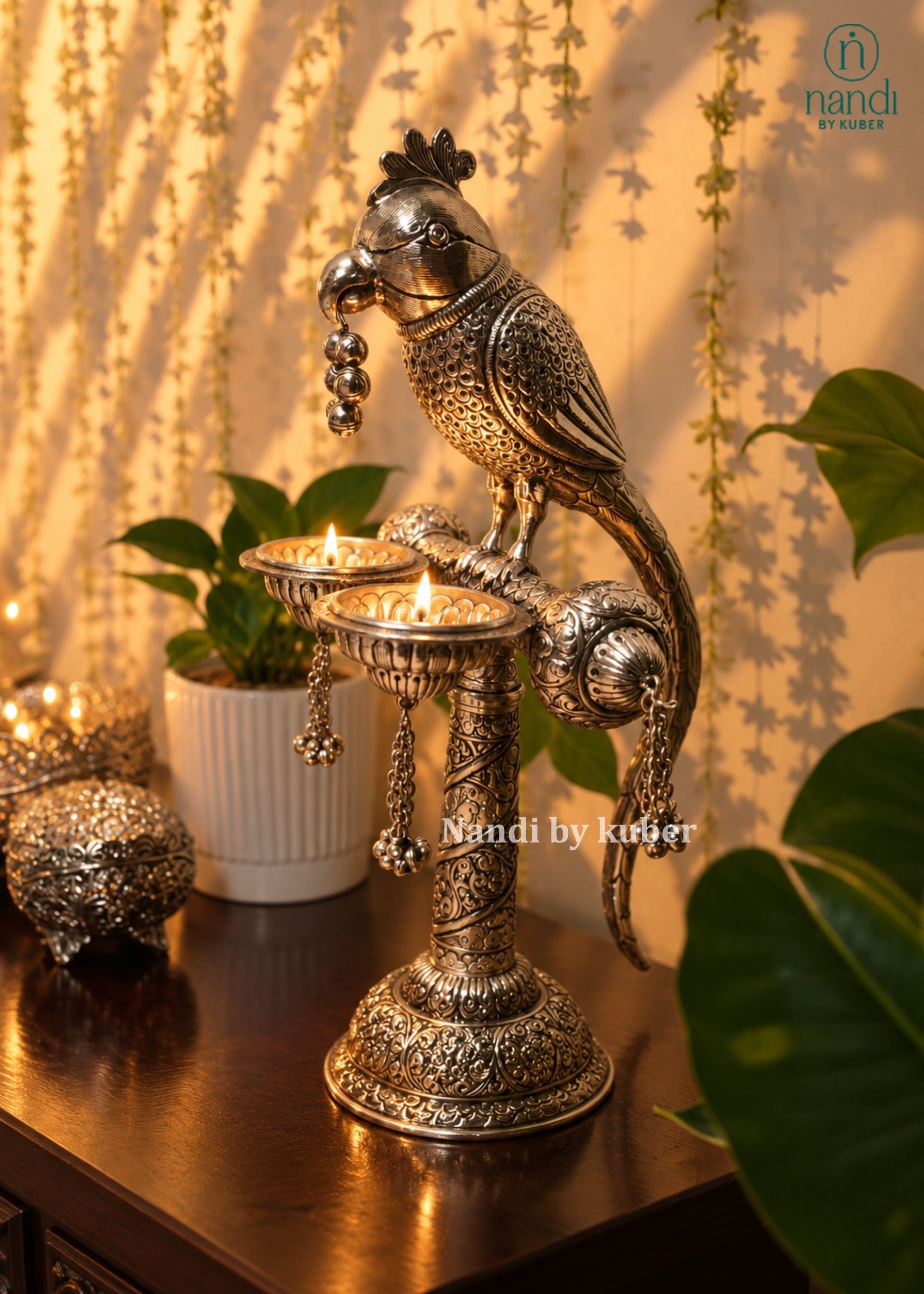 White Metal Parrot On Stand