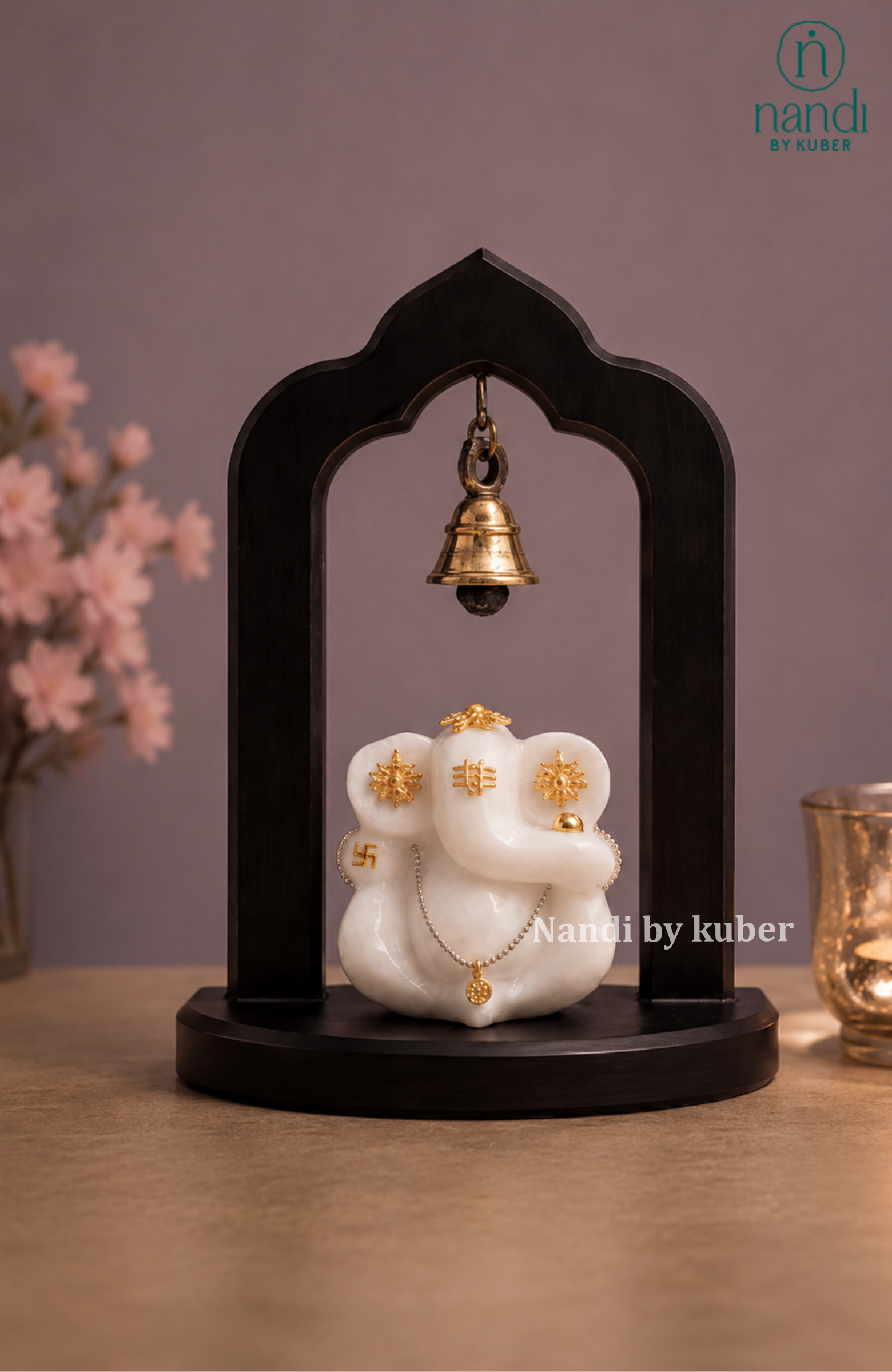 Marble Ganesha Wooden Frame with Bell