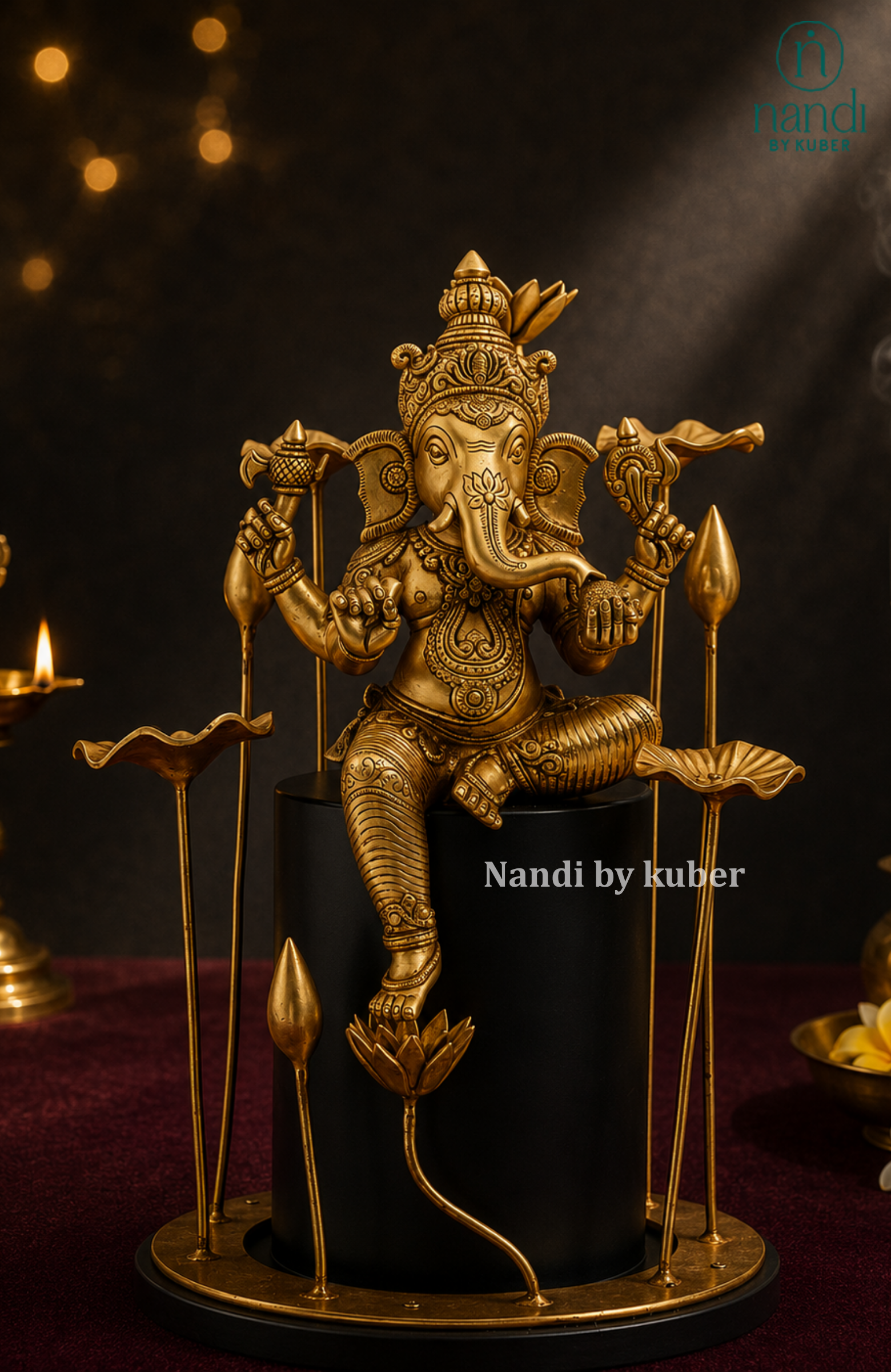 Brass Ganesha With Flower Base