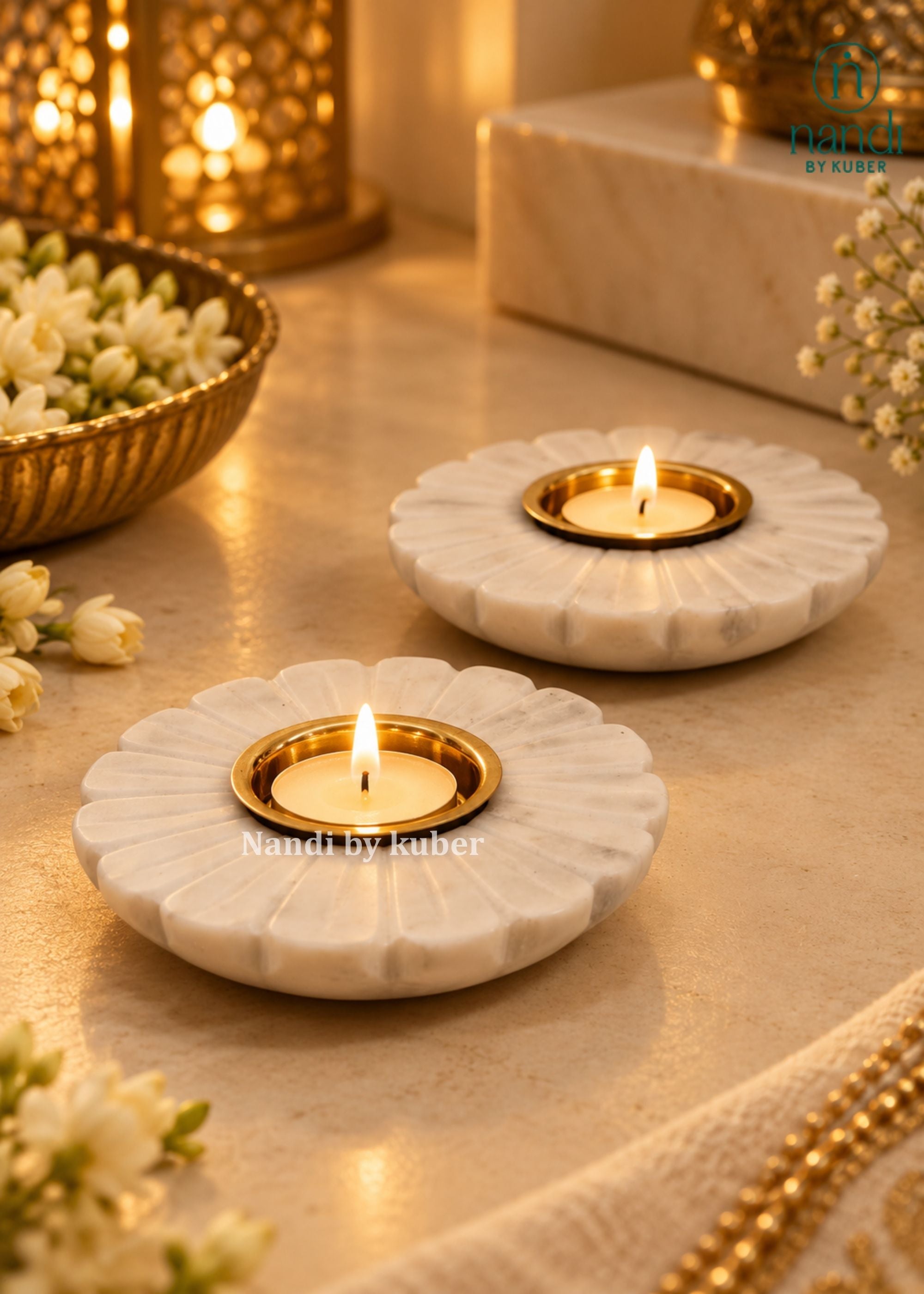 Marble Flower Candle Stand (Set of 2) - angle 6