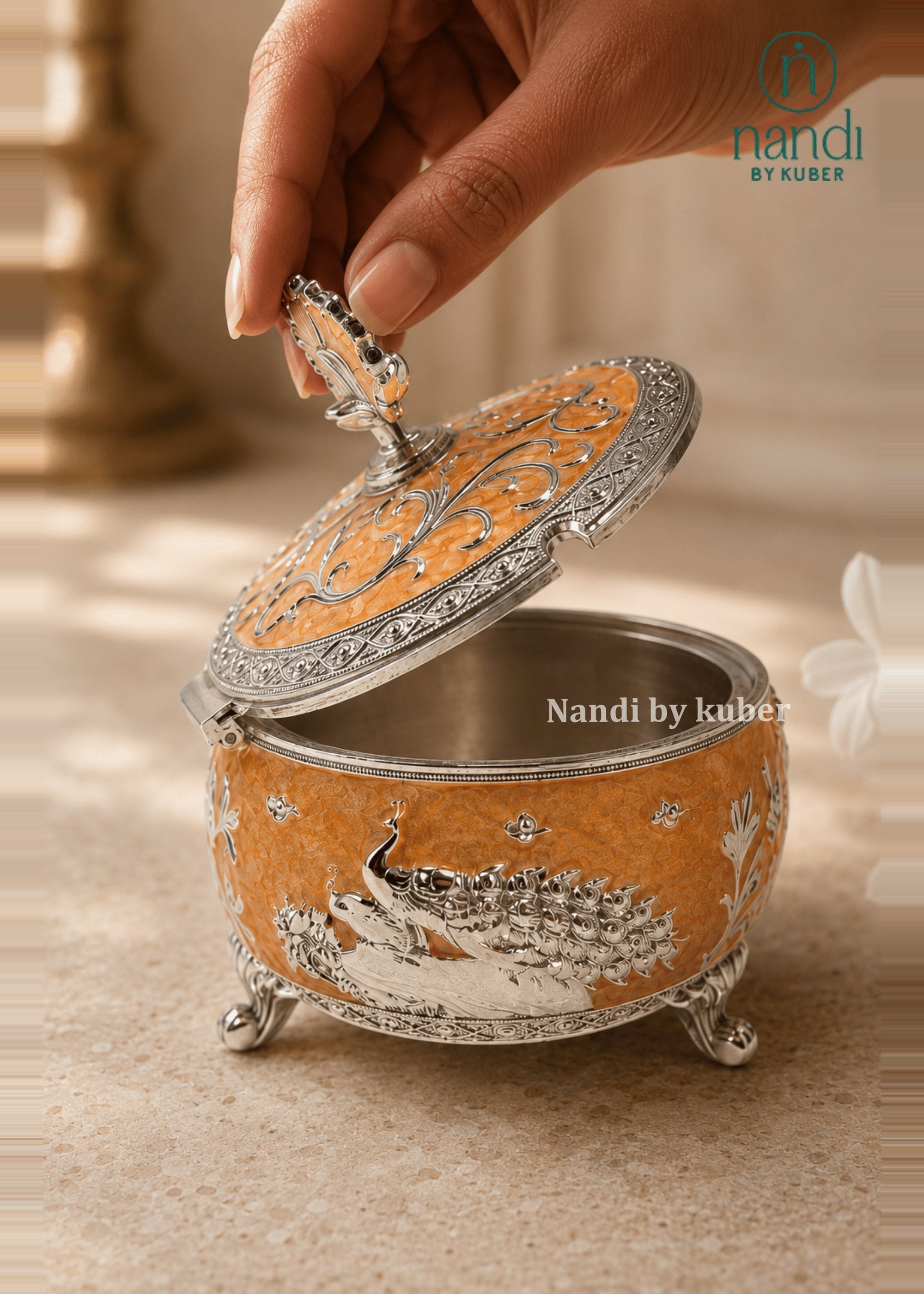 White Metal Bowl Peach - side view