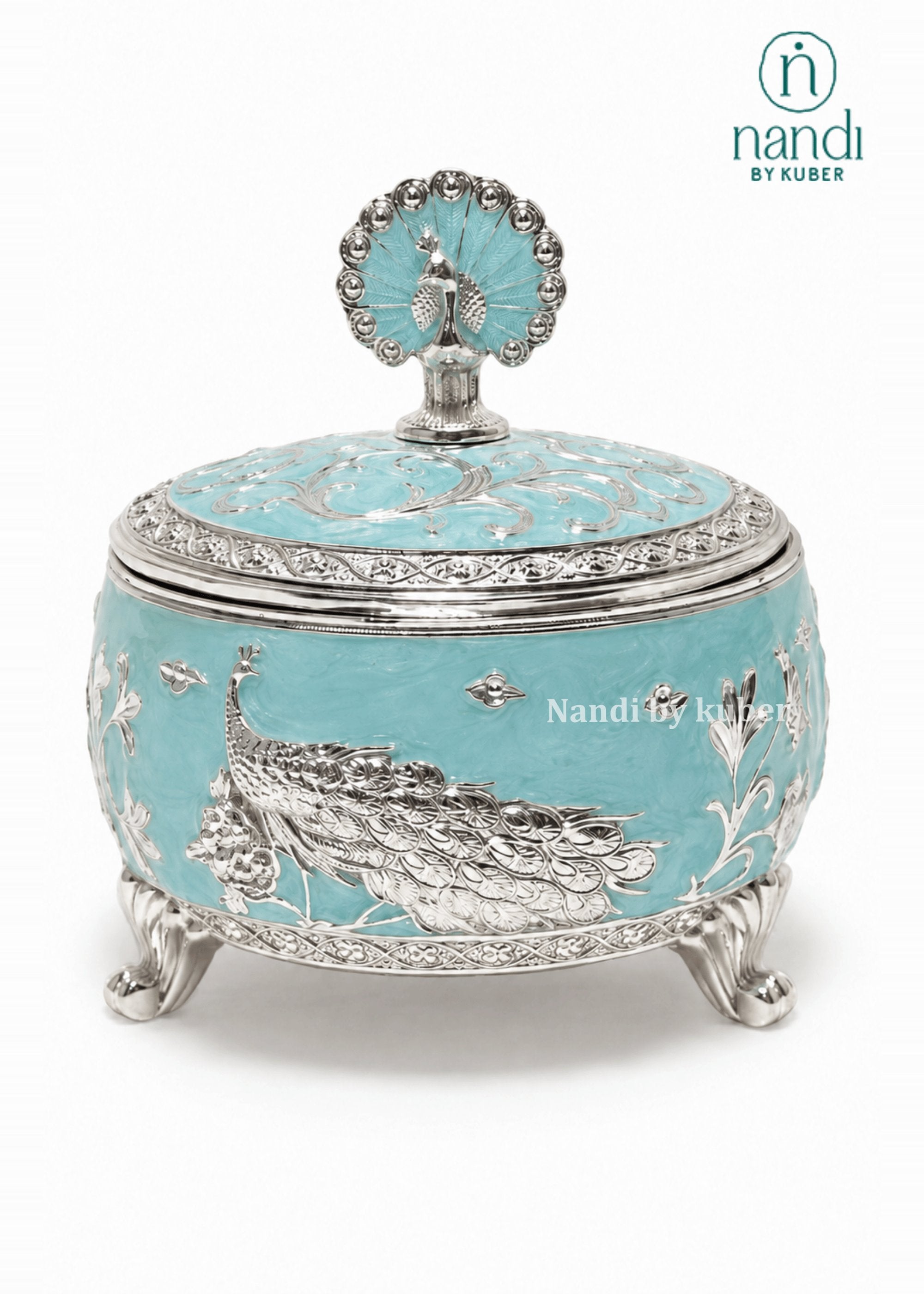 White Metal Bowl Turquoise - front view