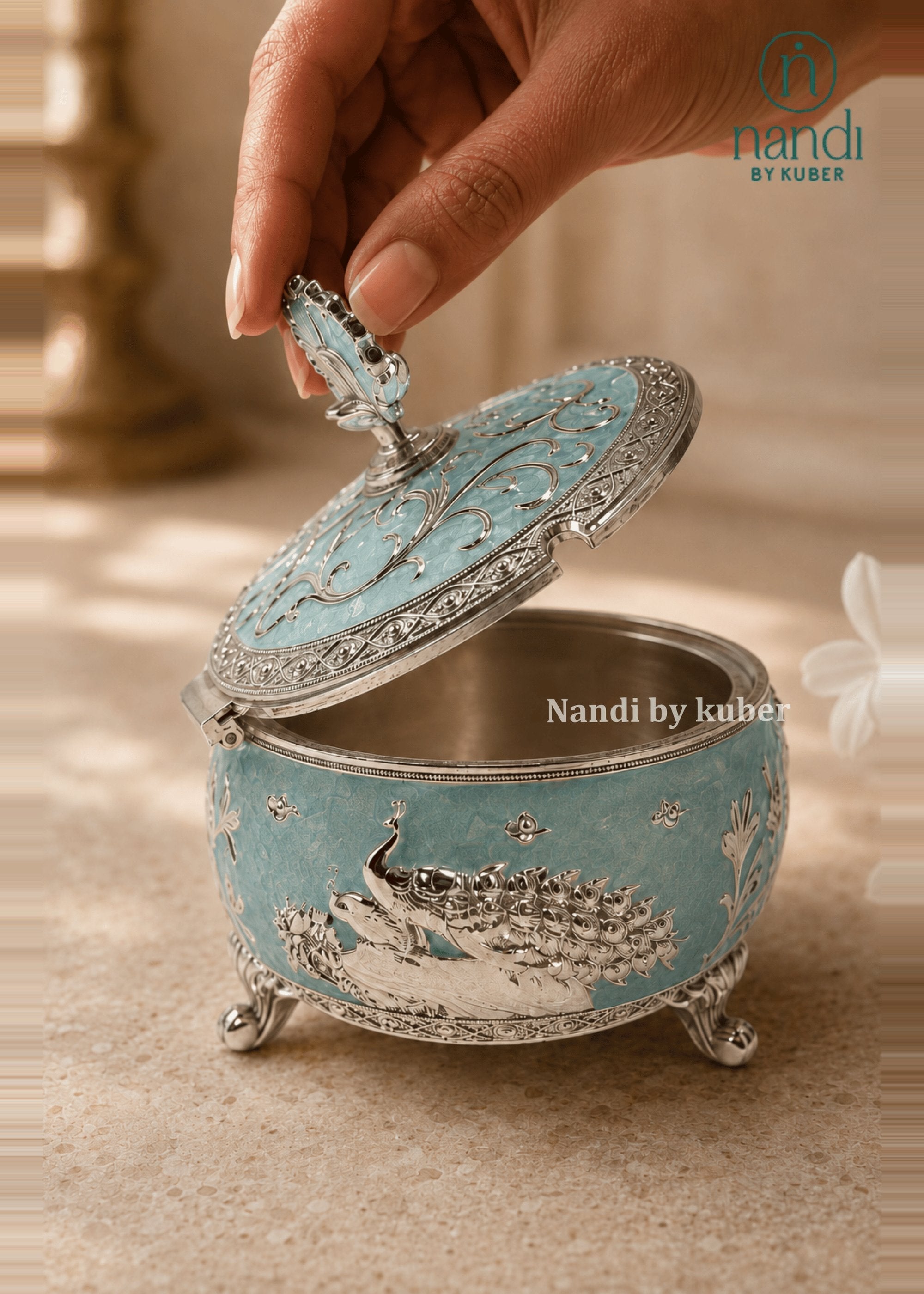 White Metal Bowl Turquoise - side view