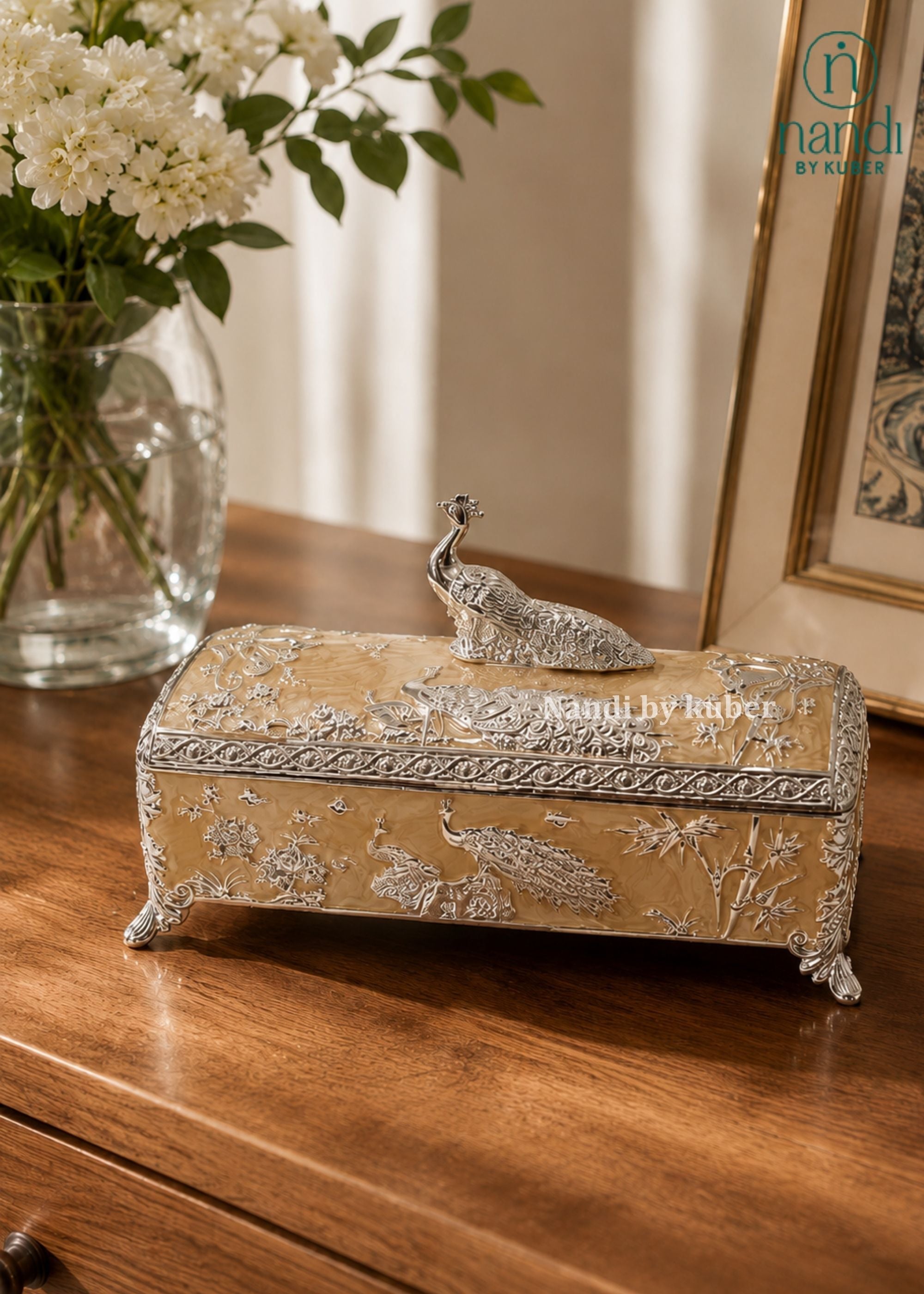White Metal Peacock Box Peach - additional view