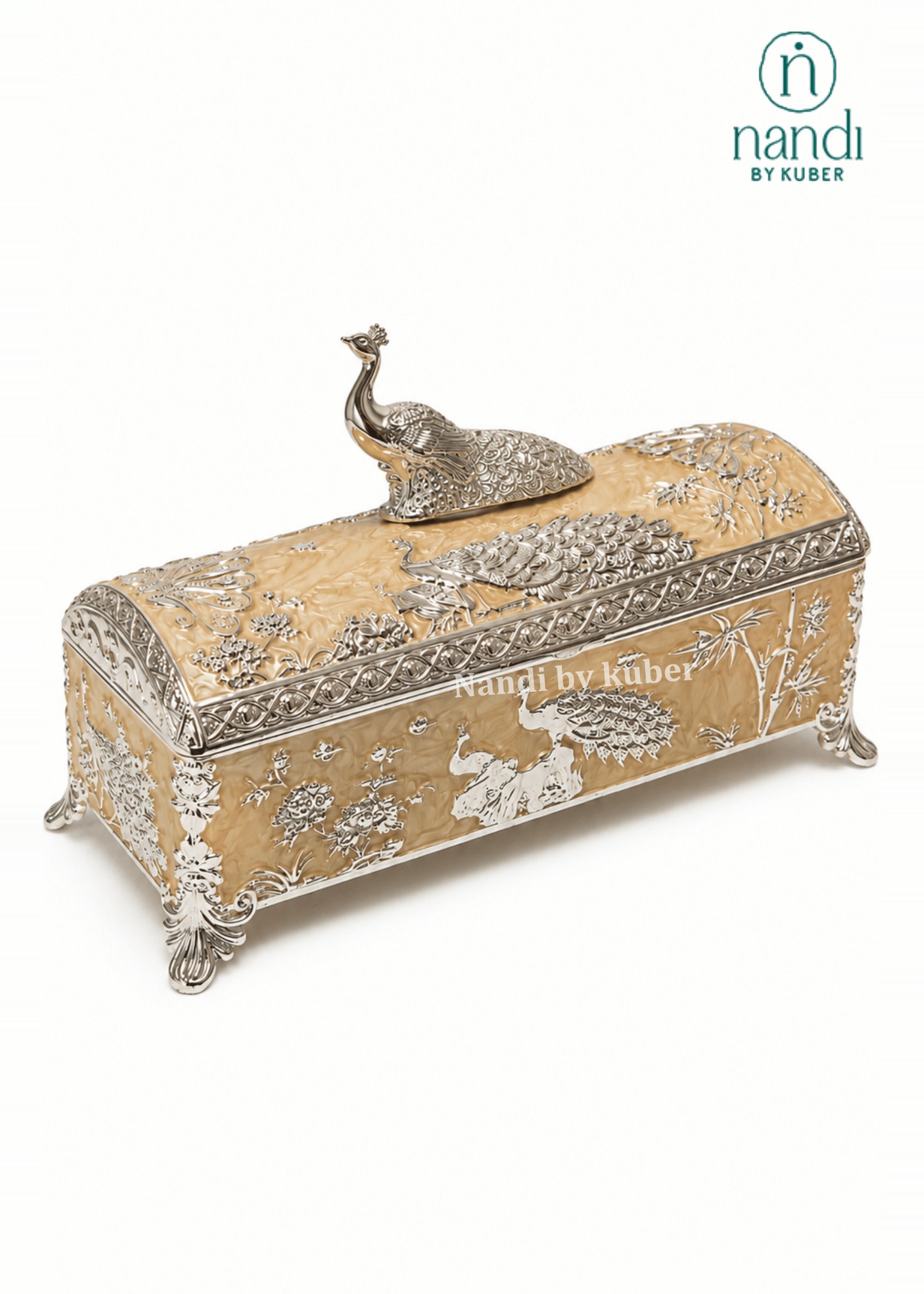 White Metal Peacock Box Peach - front view