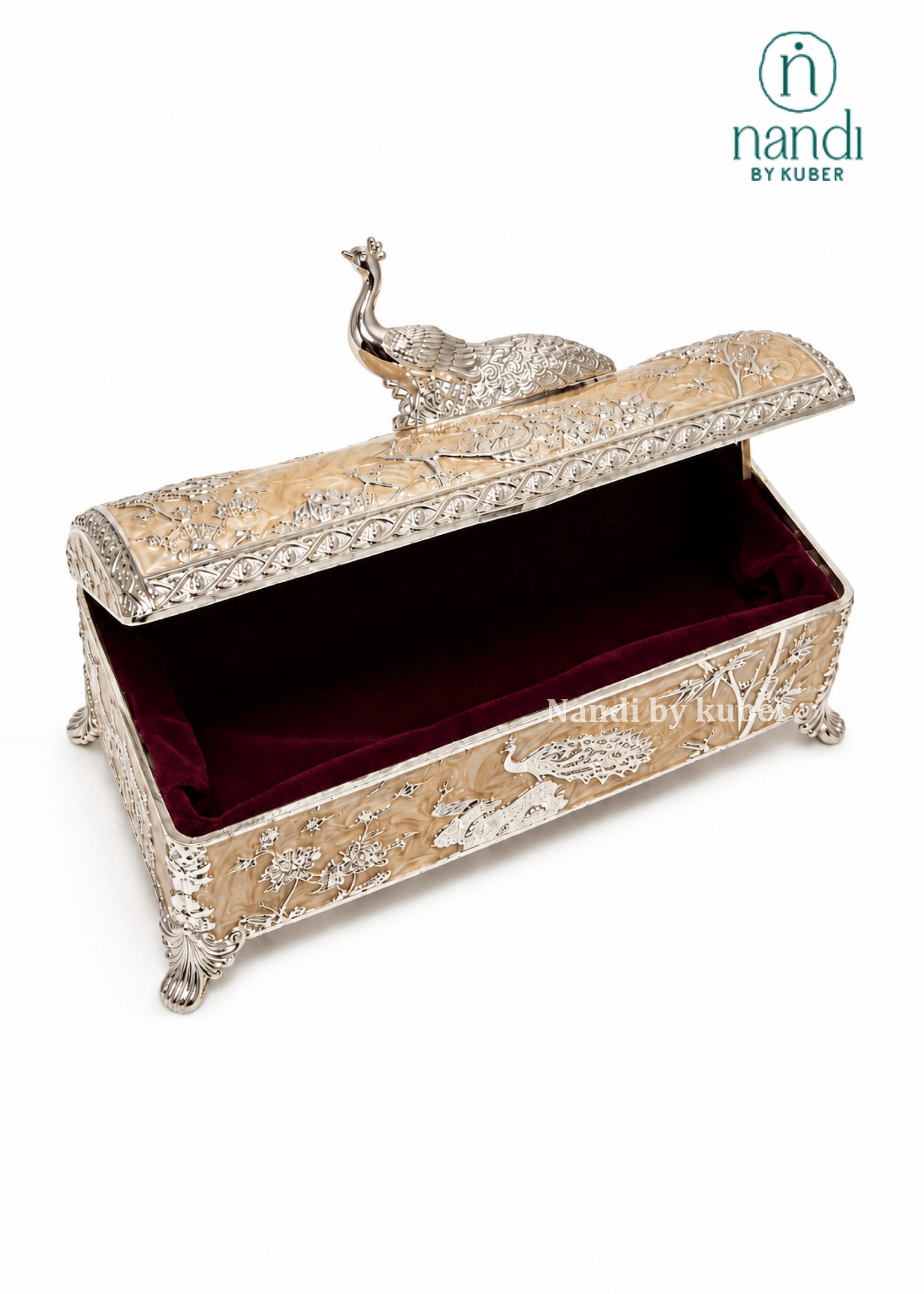 White Metal Peacock Box Peach - detail view