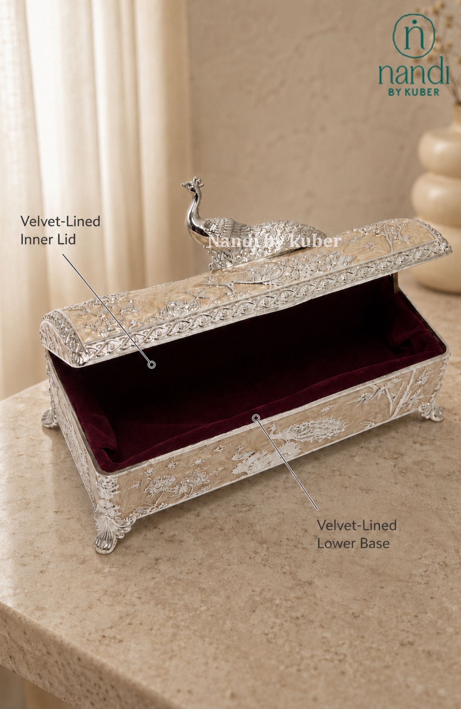 White Metal Peacock Box Peach - lifestyle view