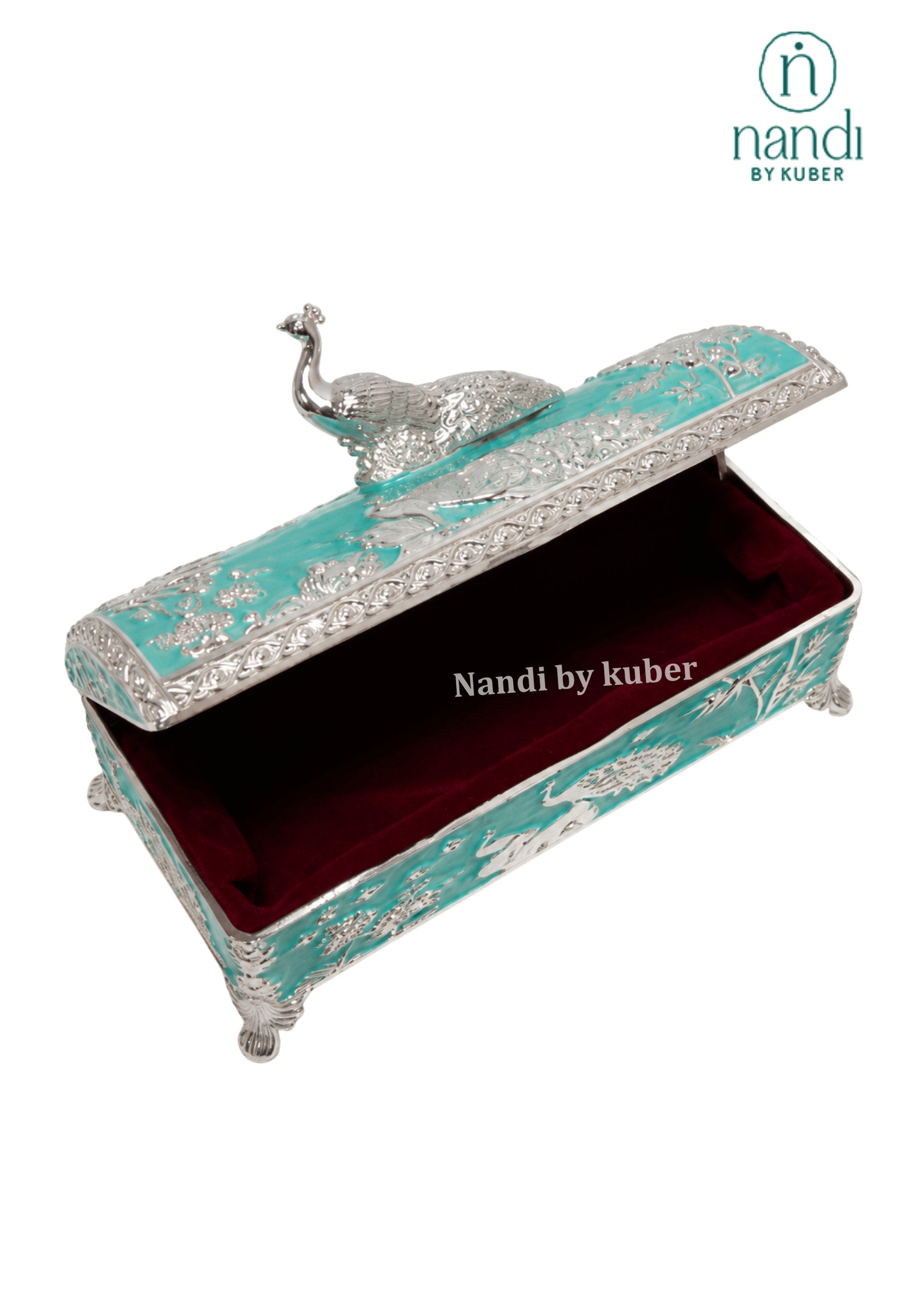 White Metal Peacock Box Turquoise - detail view