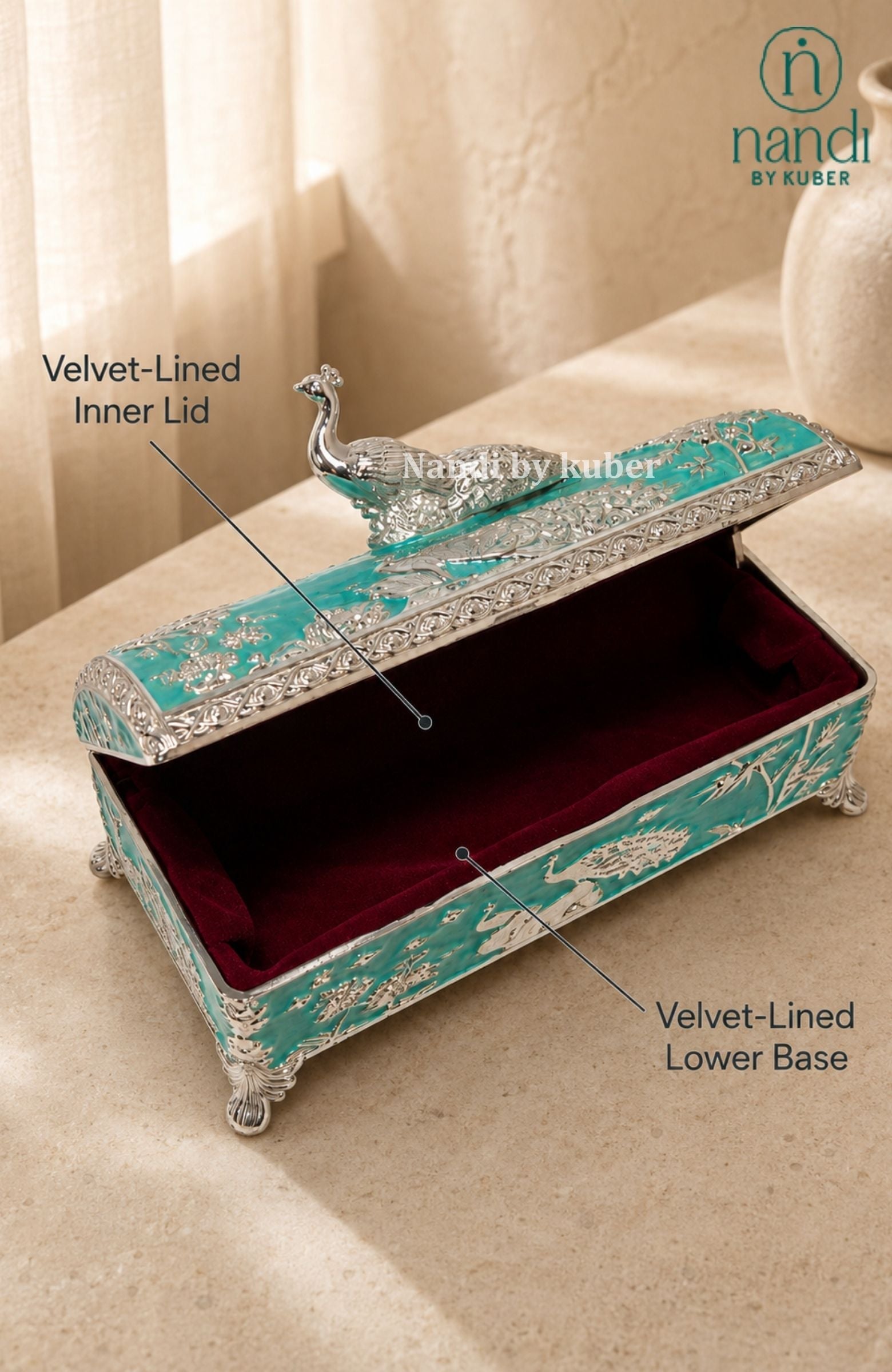 White Metal Peacock Box Turquoise - lifestyle view