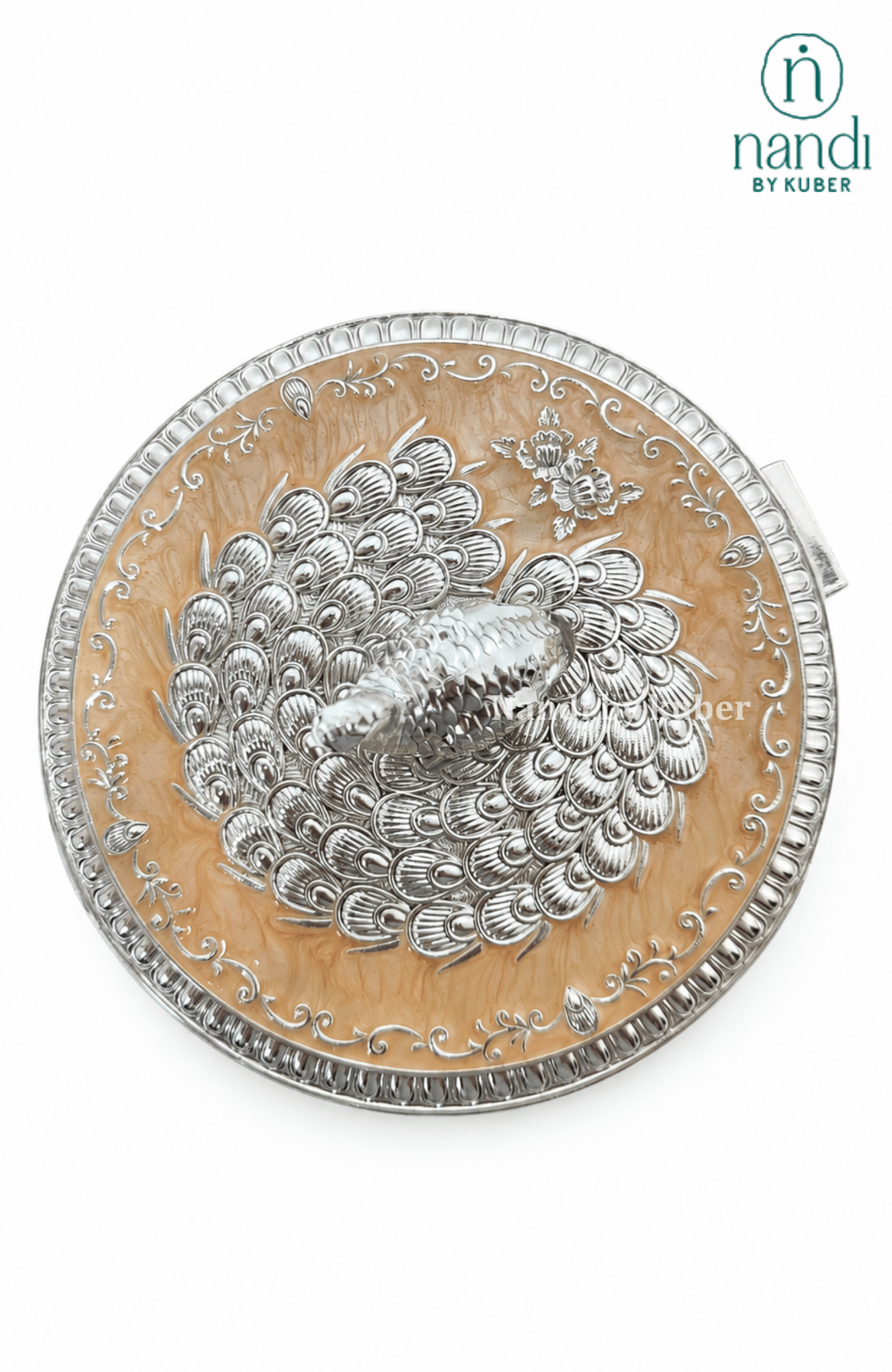 Handcrafted brass peacock round box in peach, with filigree work, ideal for jewelry storage, pooja essentials, home décor gifting, and tabletop display.