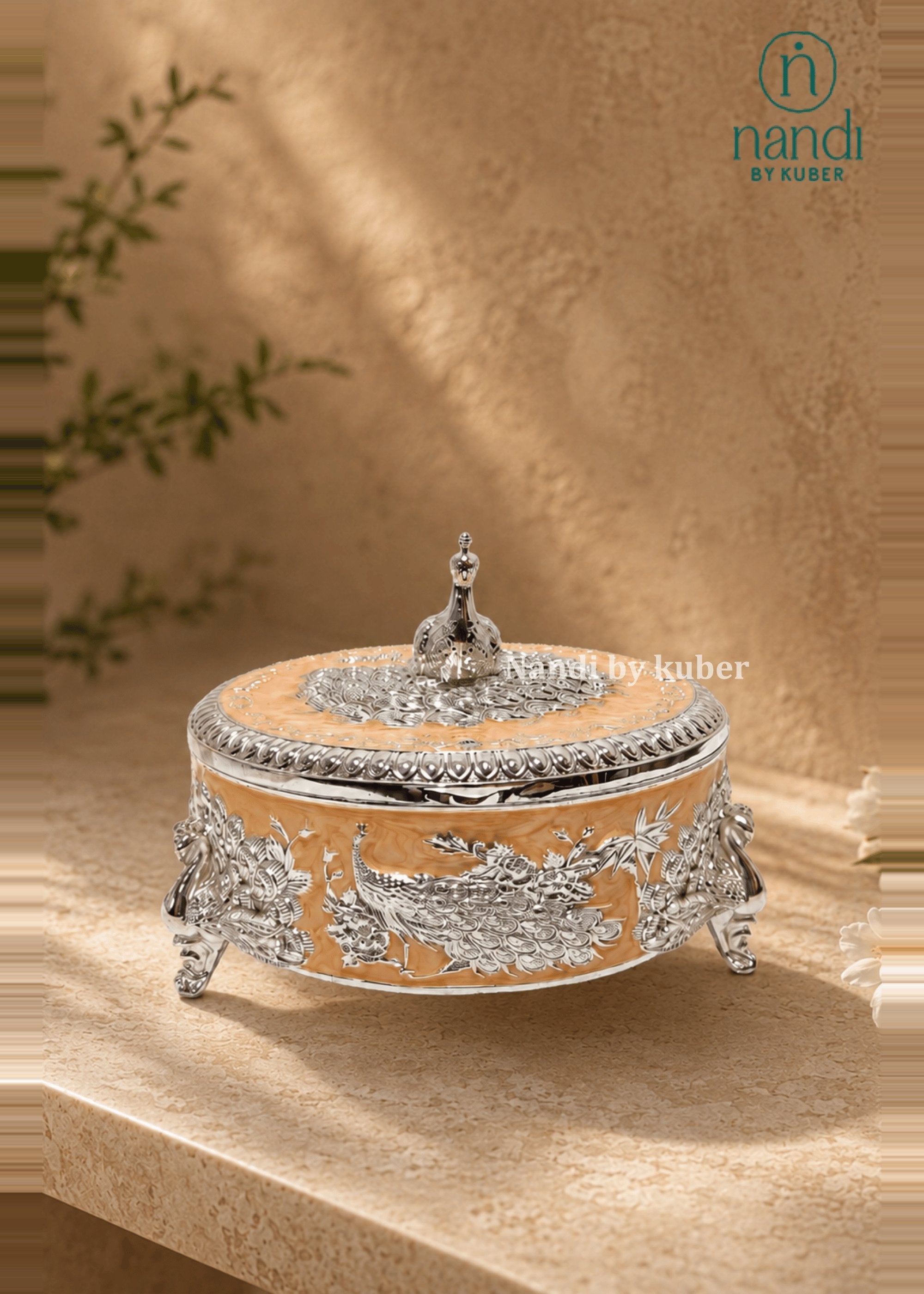Brass Peacock Round Box Peach - view 2