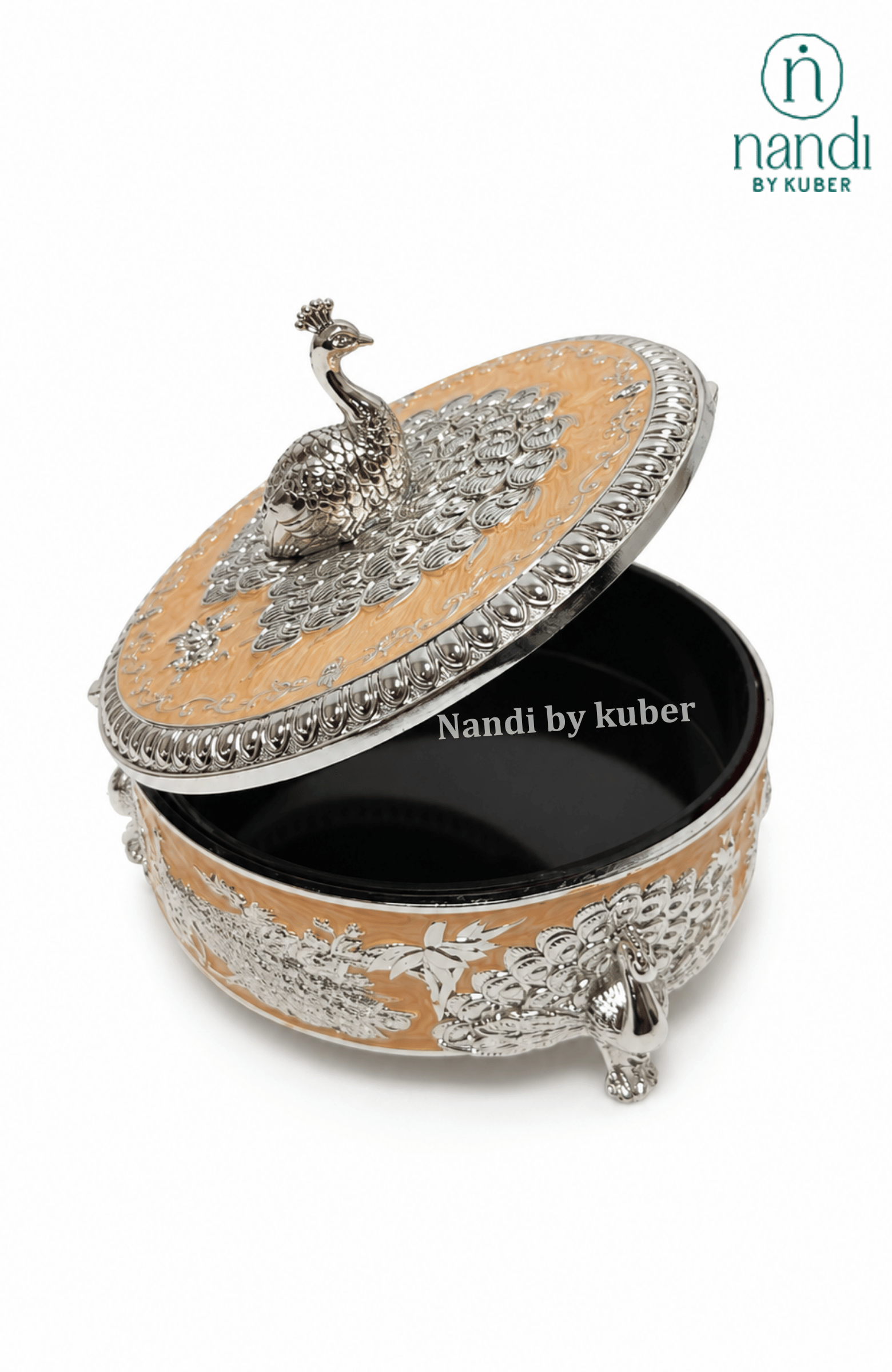 Handcrafted brass peacock round box in peach, with filigree work, ideal for jewelry storage, pooja essentials, home décor gifting, and tabletop display.