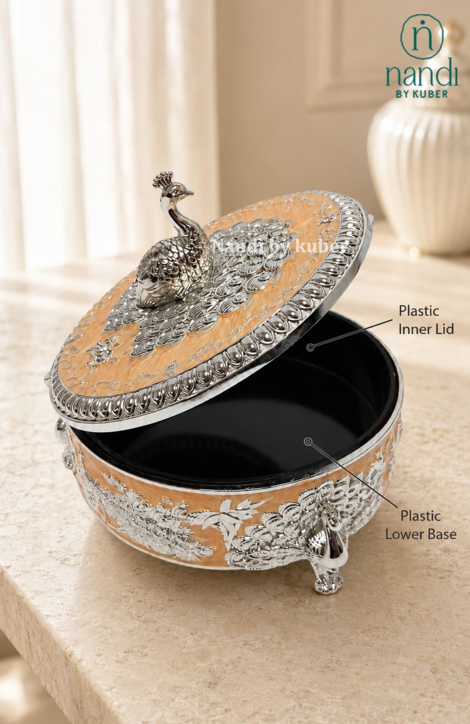 Brass Peacock Round Box Peach - lifestyle view