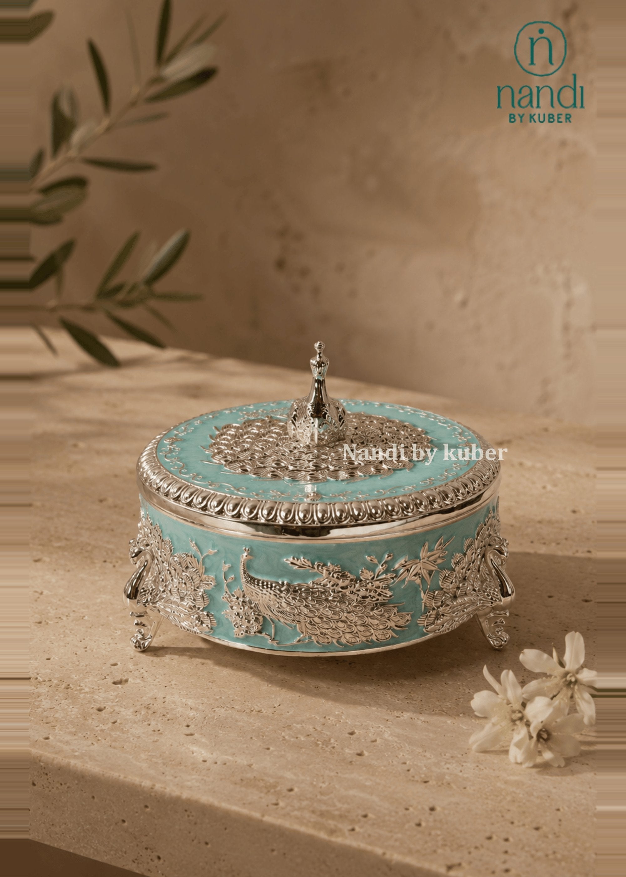 Brass Peacock Round Box Turquoise - view 2