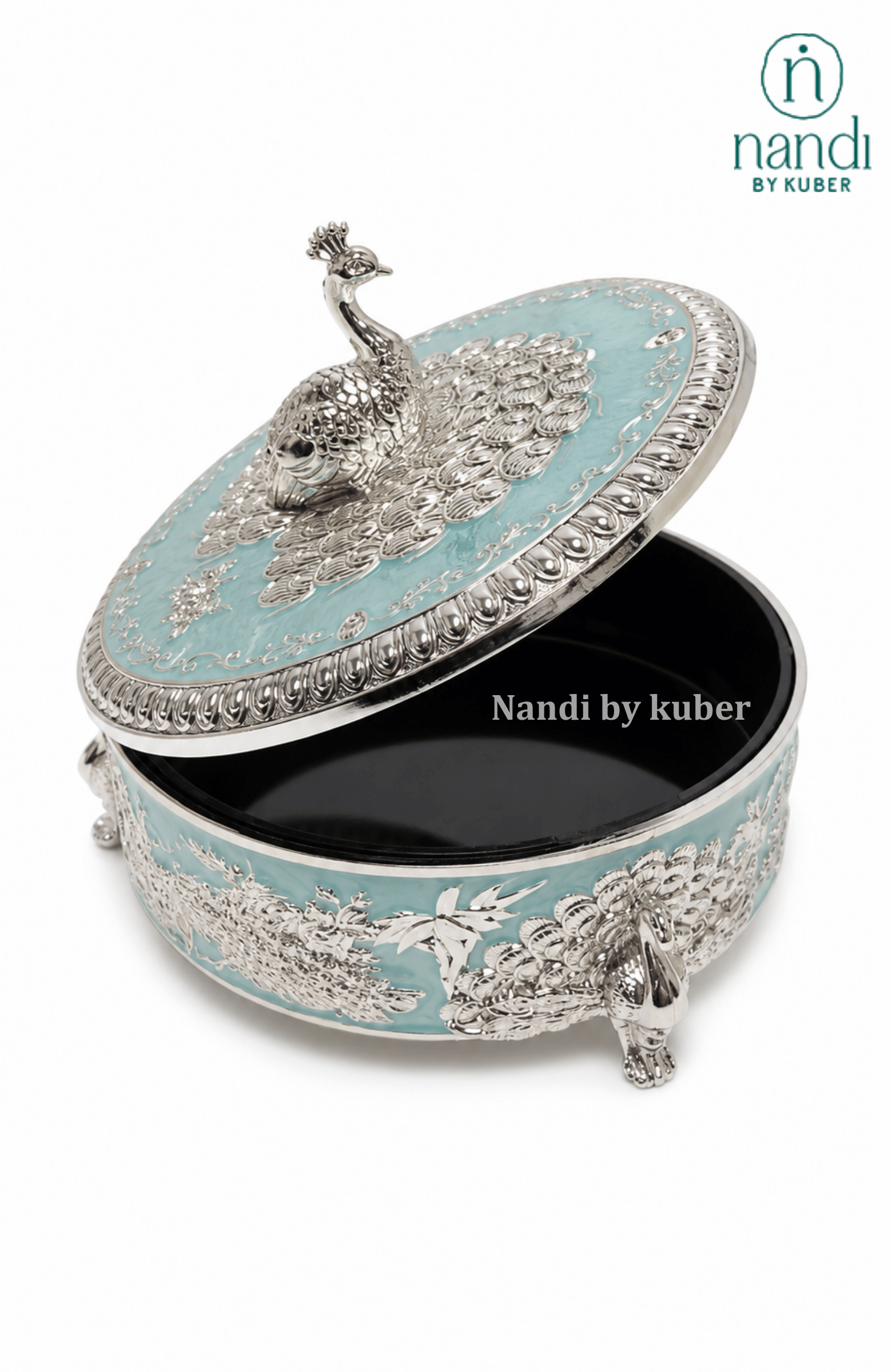 Handcrafted brass peacock round box in turquoise, with filigree work, ideal for jewelry storage, pooja essentials, home décor gifting, and tabletop display.