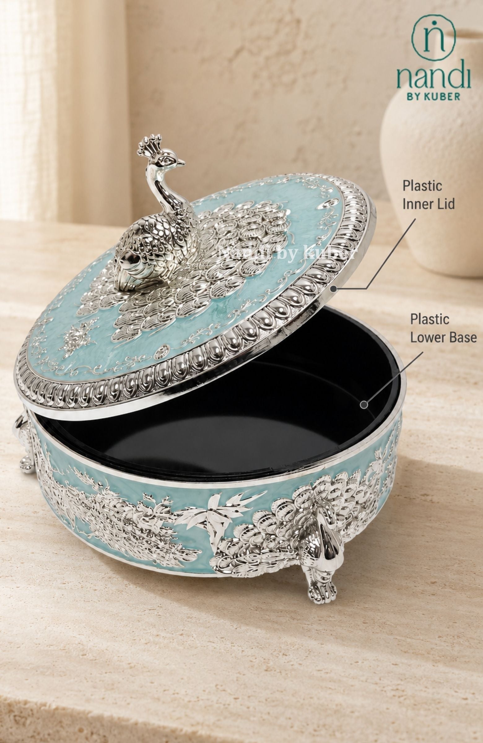 Brass Peacock Round Box Turquoise - lifestyle view