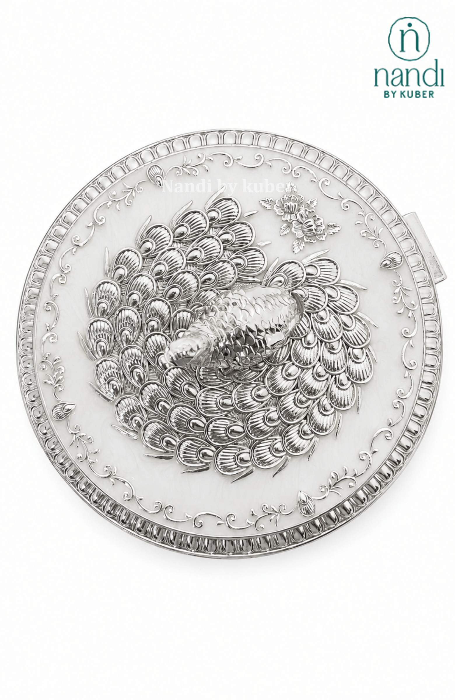 Handcrafted brass peacock round box in white, with filigree work, ideal for jewelry storage, pooja essentials, home décor gifting, and tabletop display.