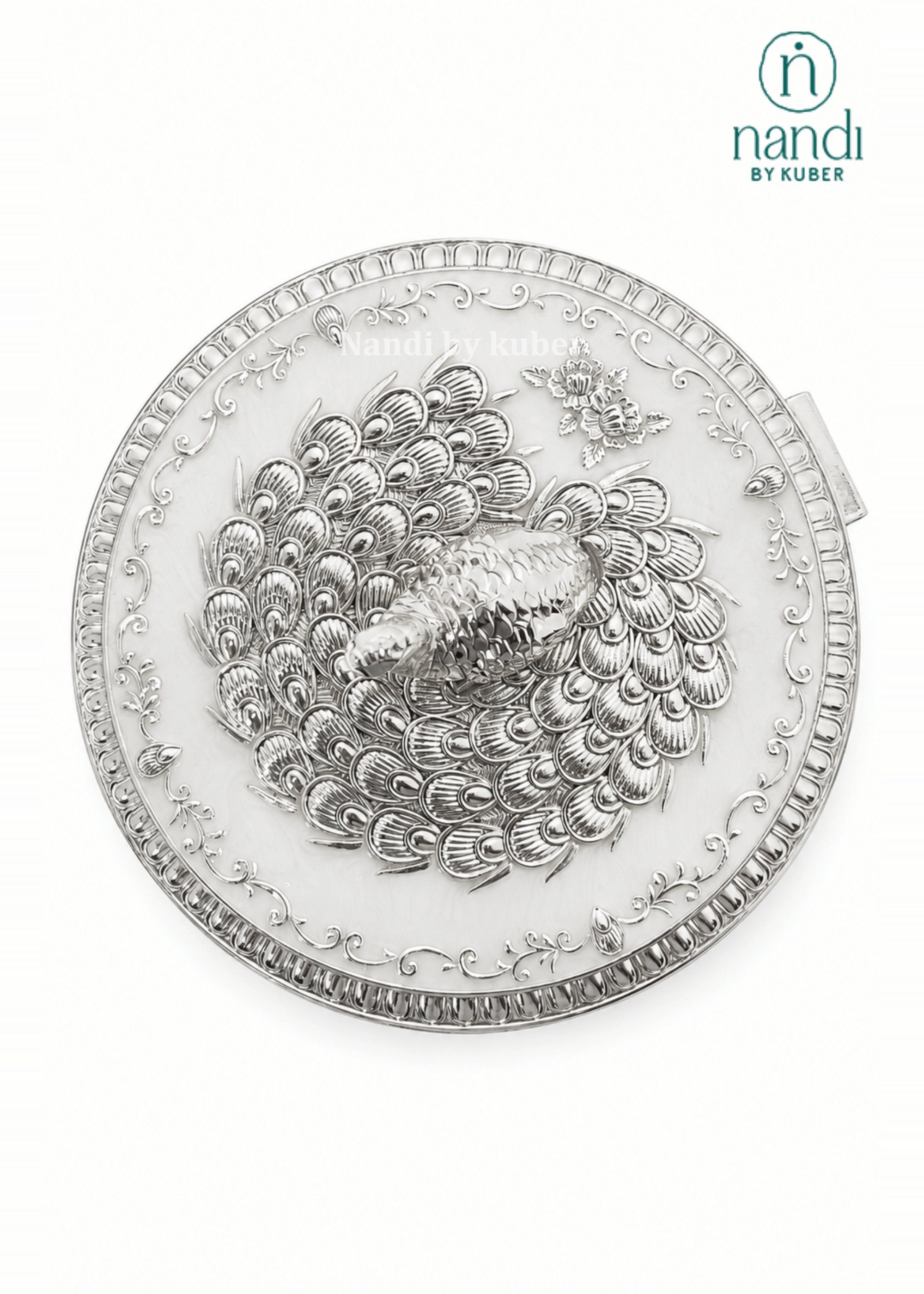 Brass Peacock Round Box White - view 1