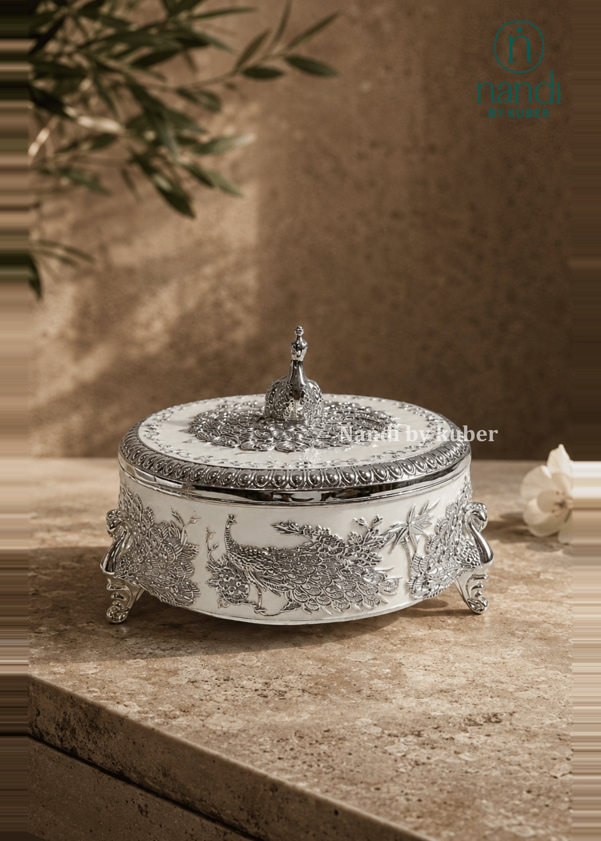 Brass Peacock Round Box White - view 2