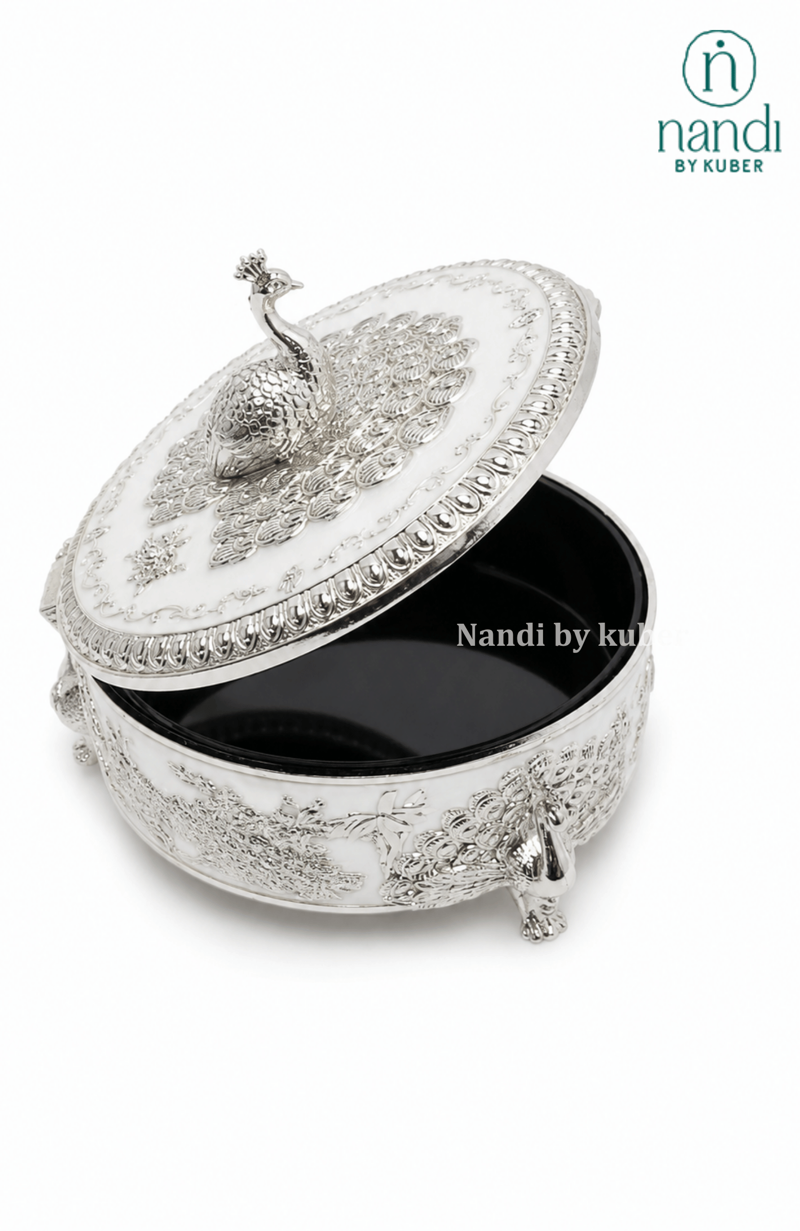 Handcrafted brass peacock round box in white, with filigree work, ideal for jewelry storage, pooja essentials, home décor gifting, and tabletop display.